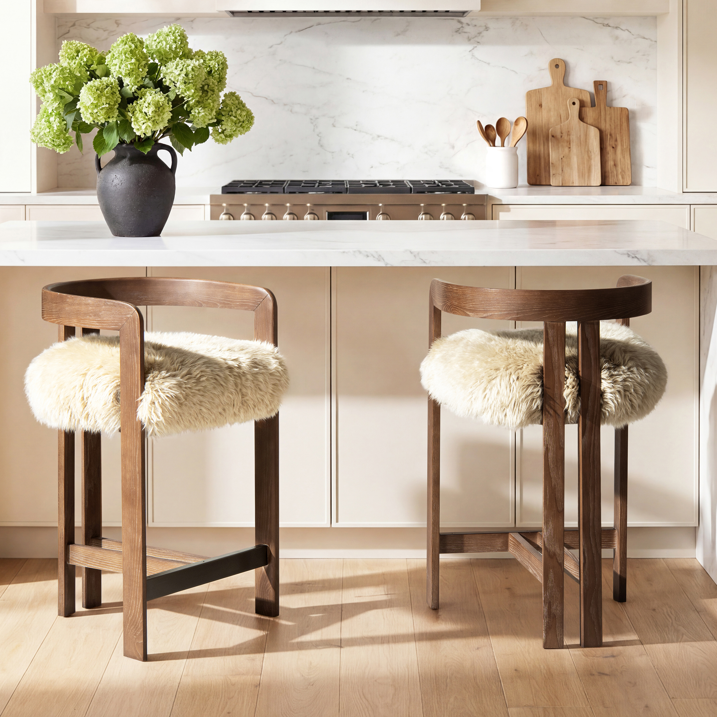 Millwick Low Back Genuine Fur Dark Brown Ash Wood Counter Stool, Natural Blonde