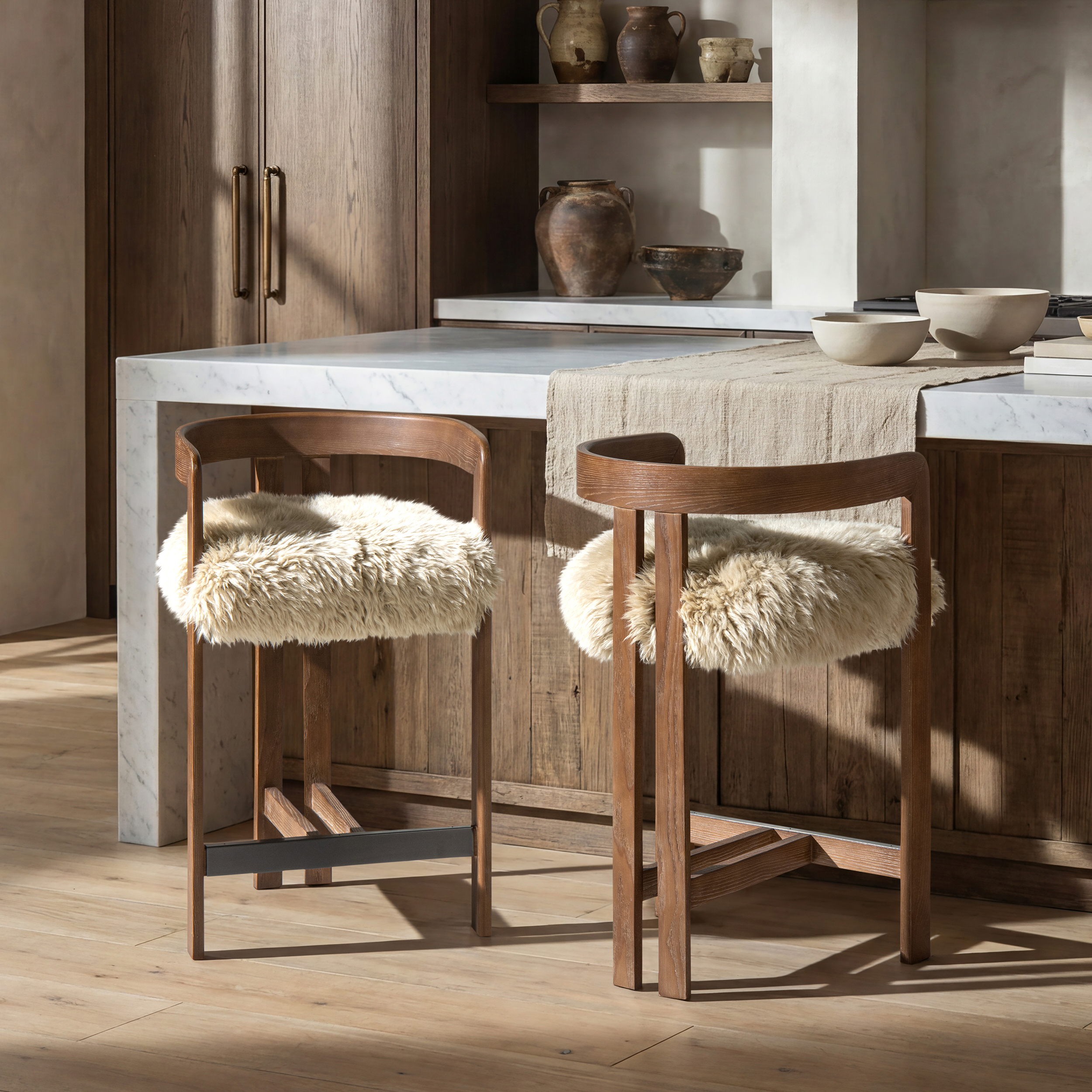 Millwick Low Back Genuine Fur Dark Brown Ash Wood Counter Stool, Natural Blonde