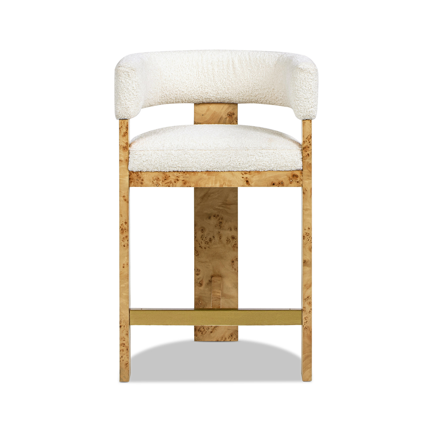 Vavona Burl Wood Upholstered Barrel Back Counter Height Bar Stool, Polar Off-White