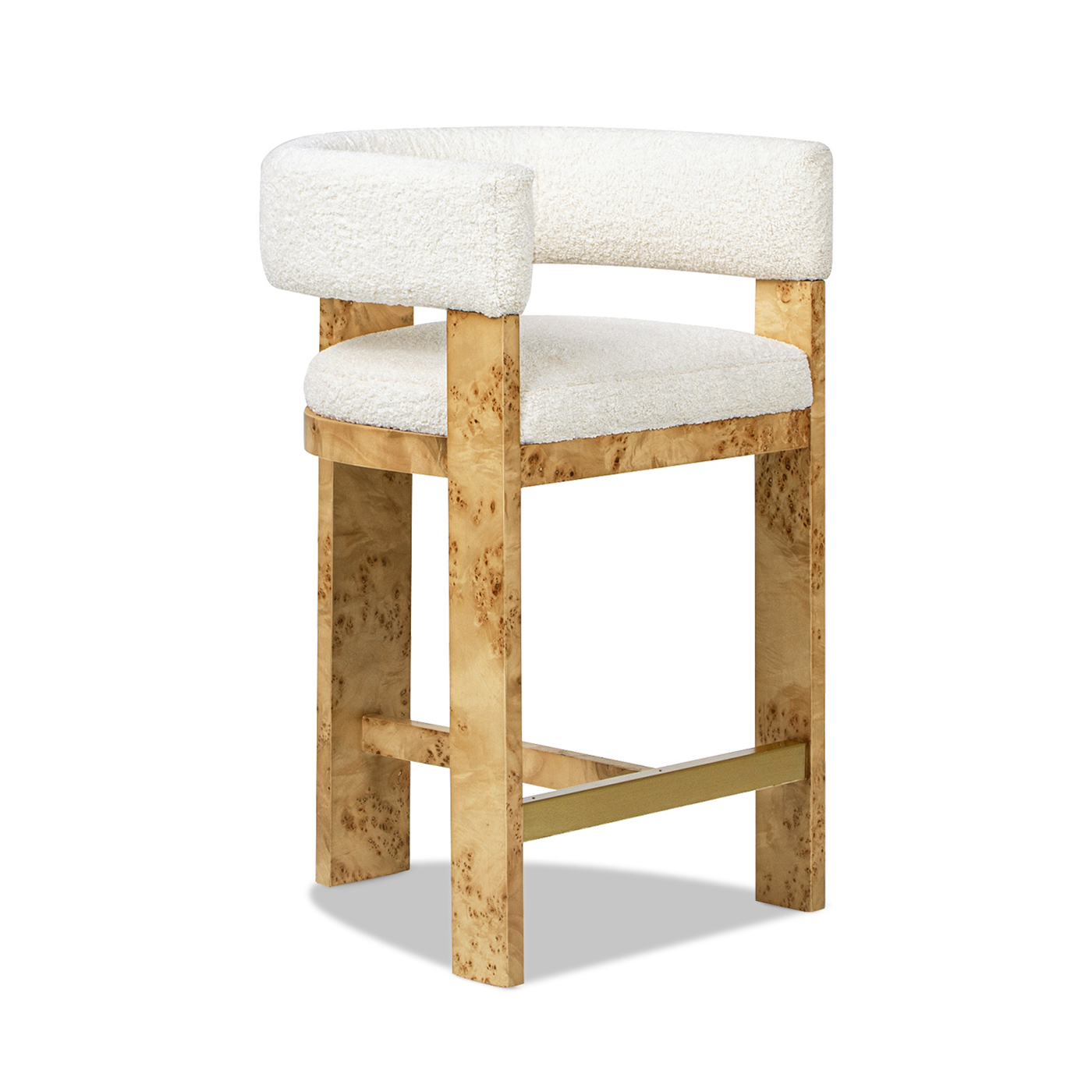 Vavona Burl Wood Upholstered Barrel Back Counter Height Bar Stool, Polar Off-White