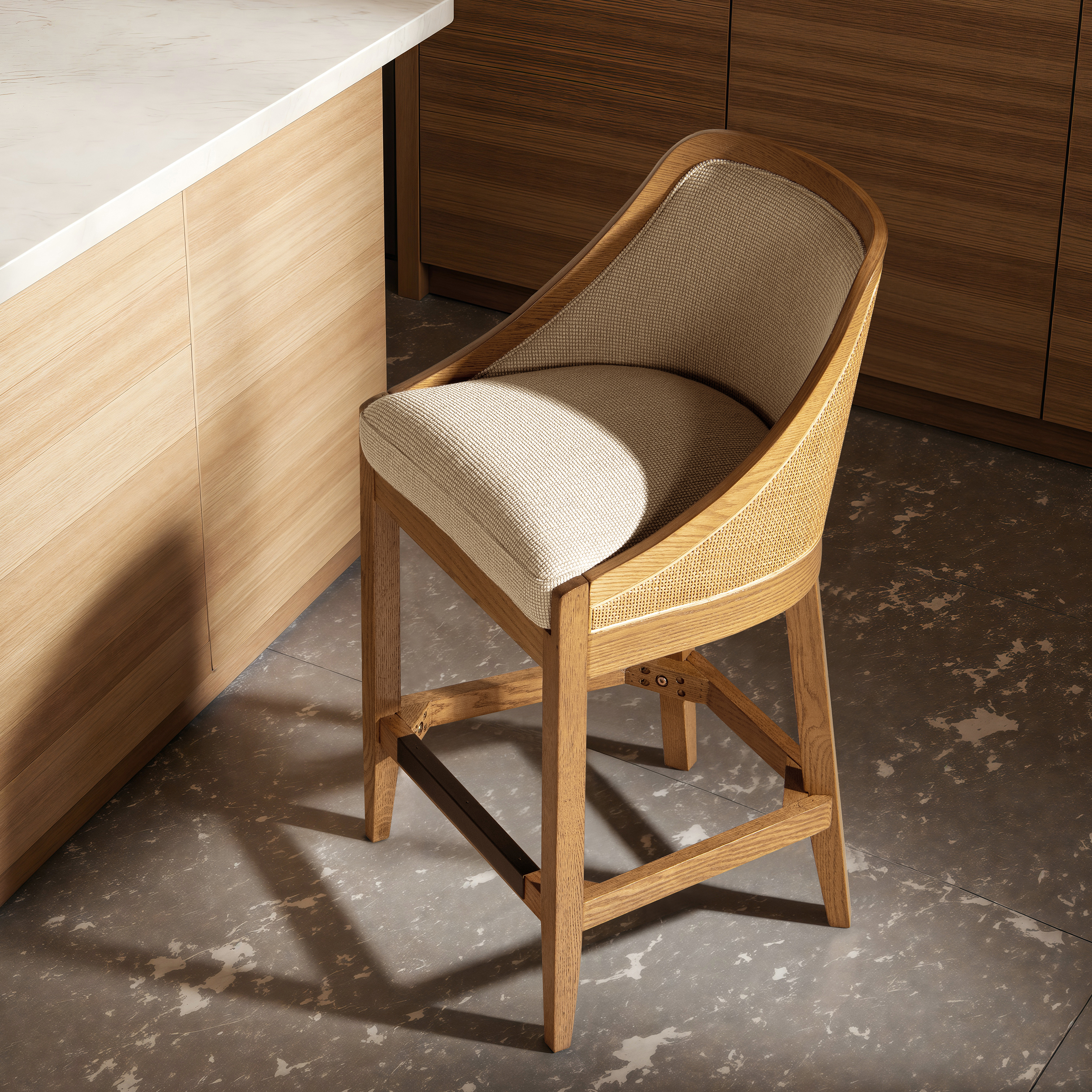 Charleston Cane Performance Fabric Upholstered Oak Counter Stool