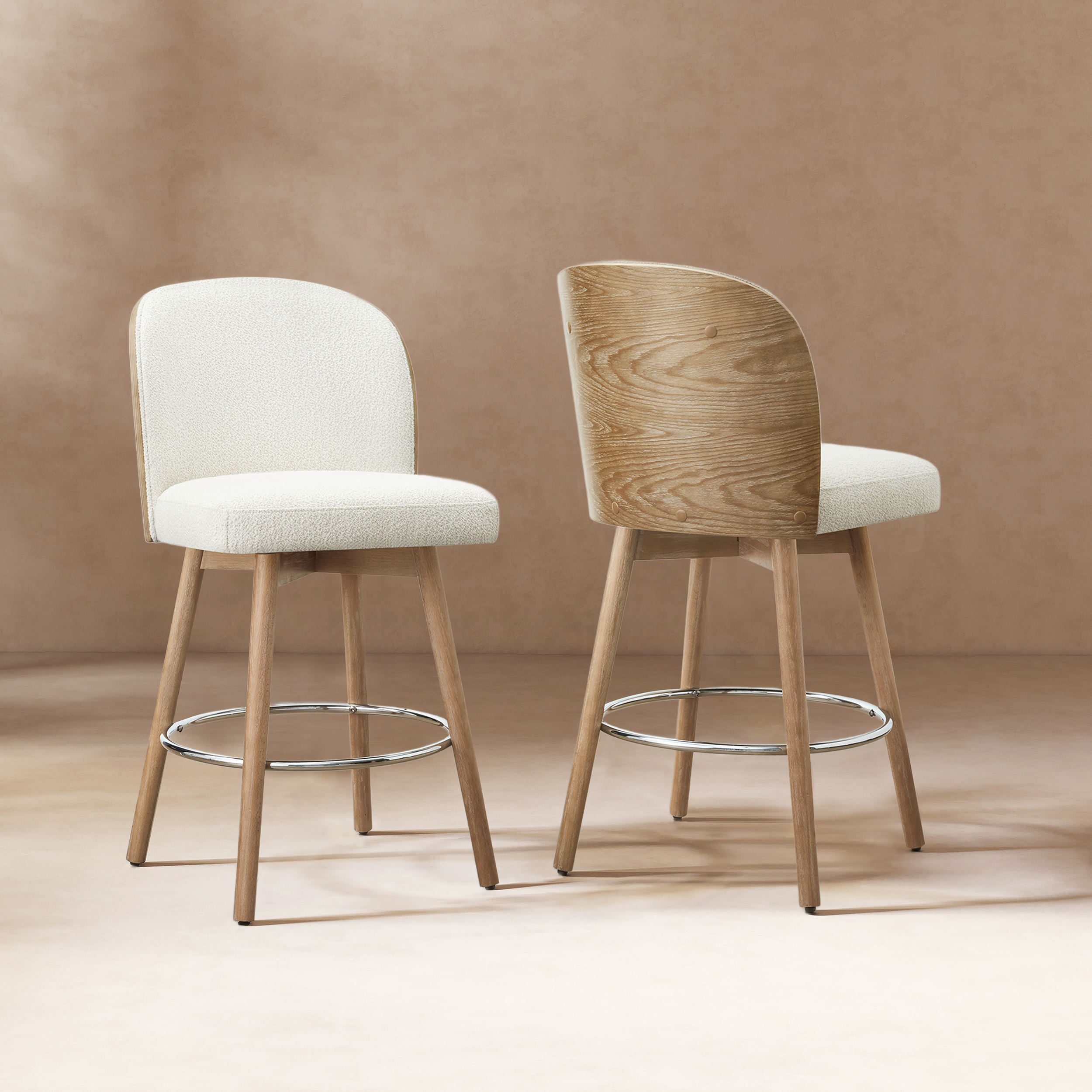 Tomlin Bentwood Upholstered Swivel Counter Stool, Set of 2, Off White