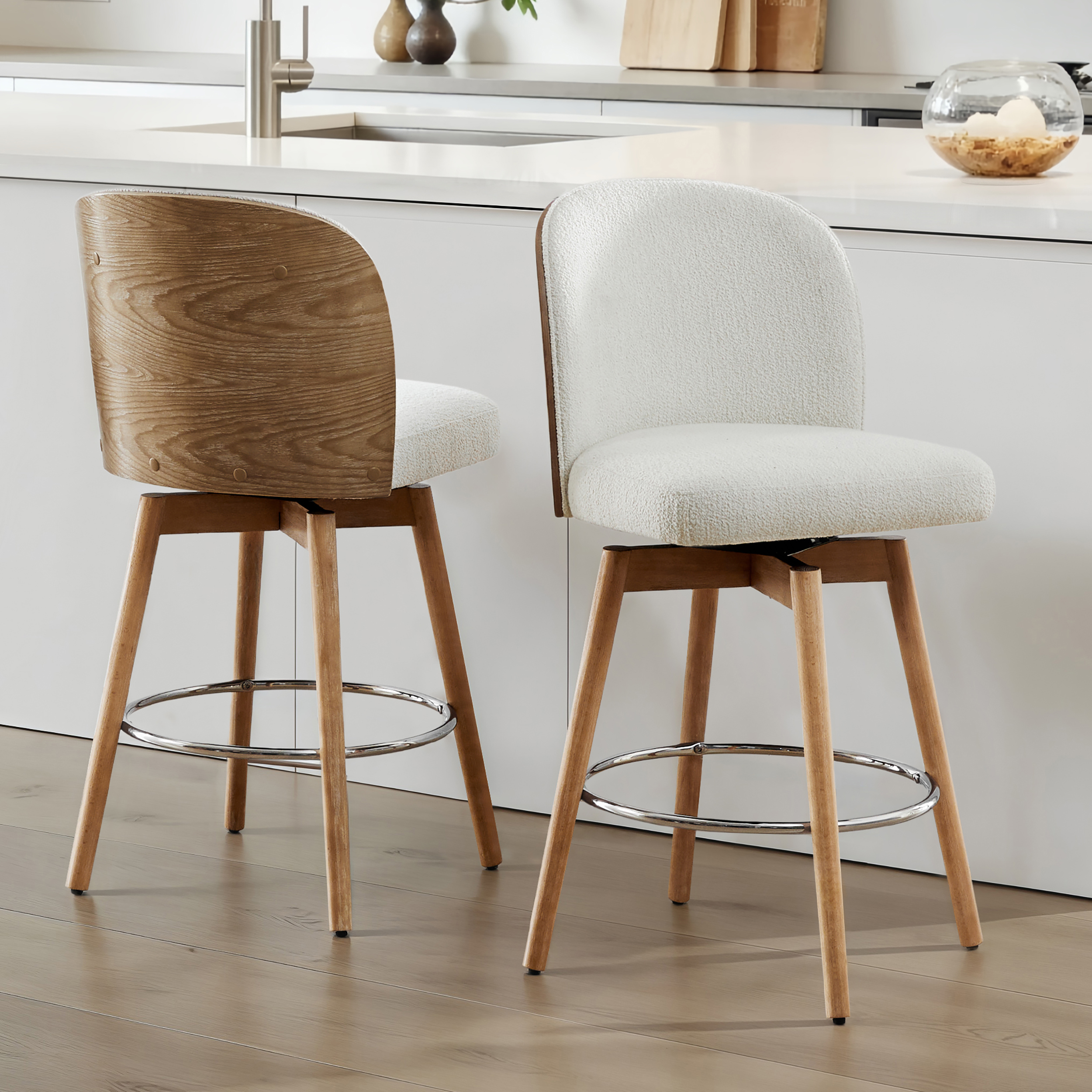 Tomlin Bentwood Upholstered Swivel Counter Stool, Set of 2, Off White