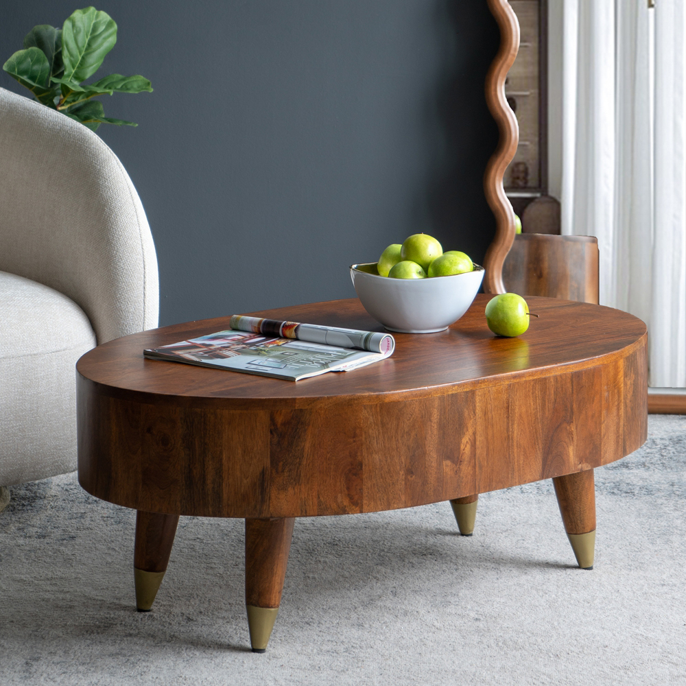 Tivoli Oval Mango Wood Coffee Table with Brass-Tipped Legs