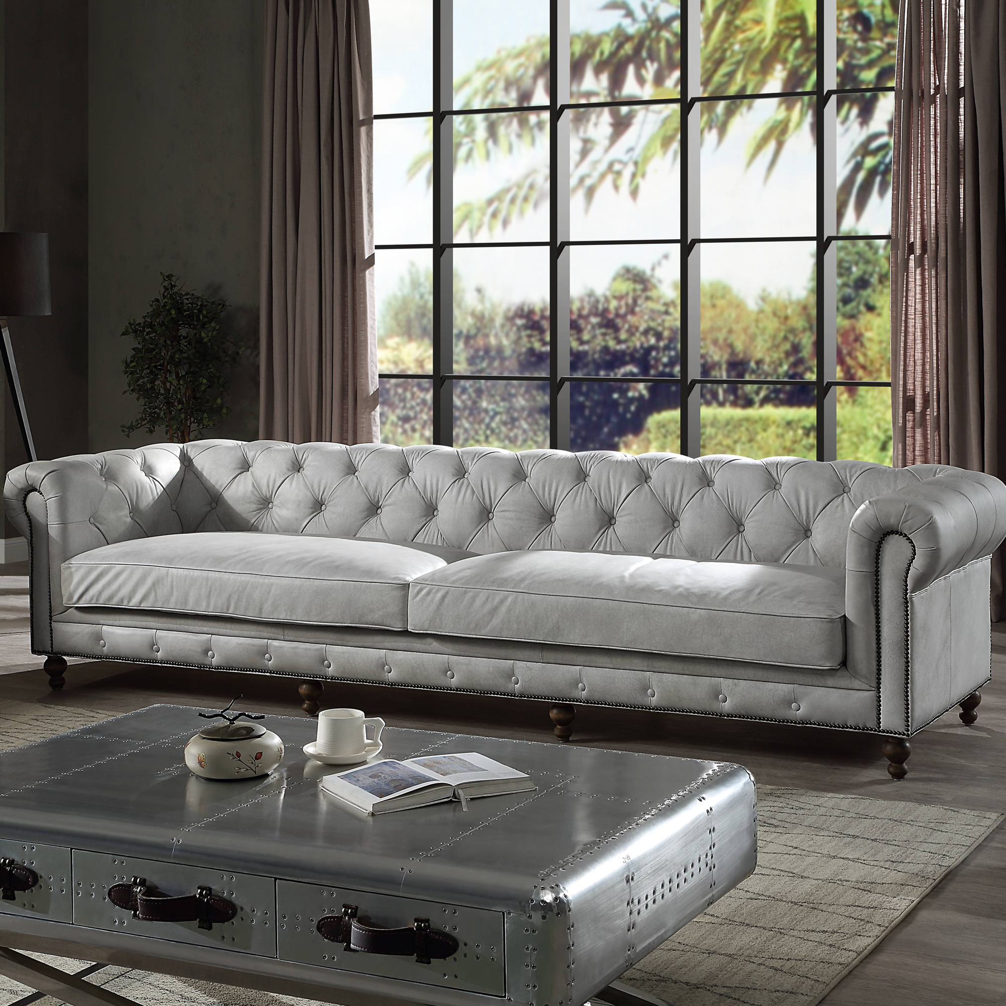 Waverly Top Grain Leather Chesterfield Sofa with Button Tufting and Nailhead Trim, Antique White
