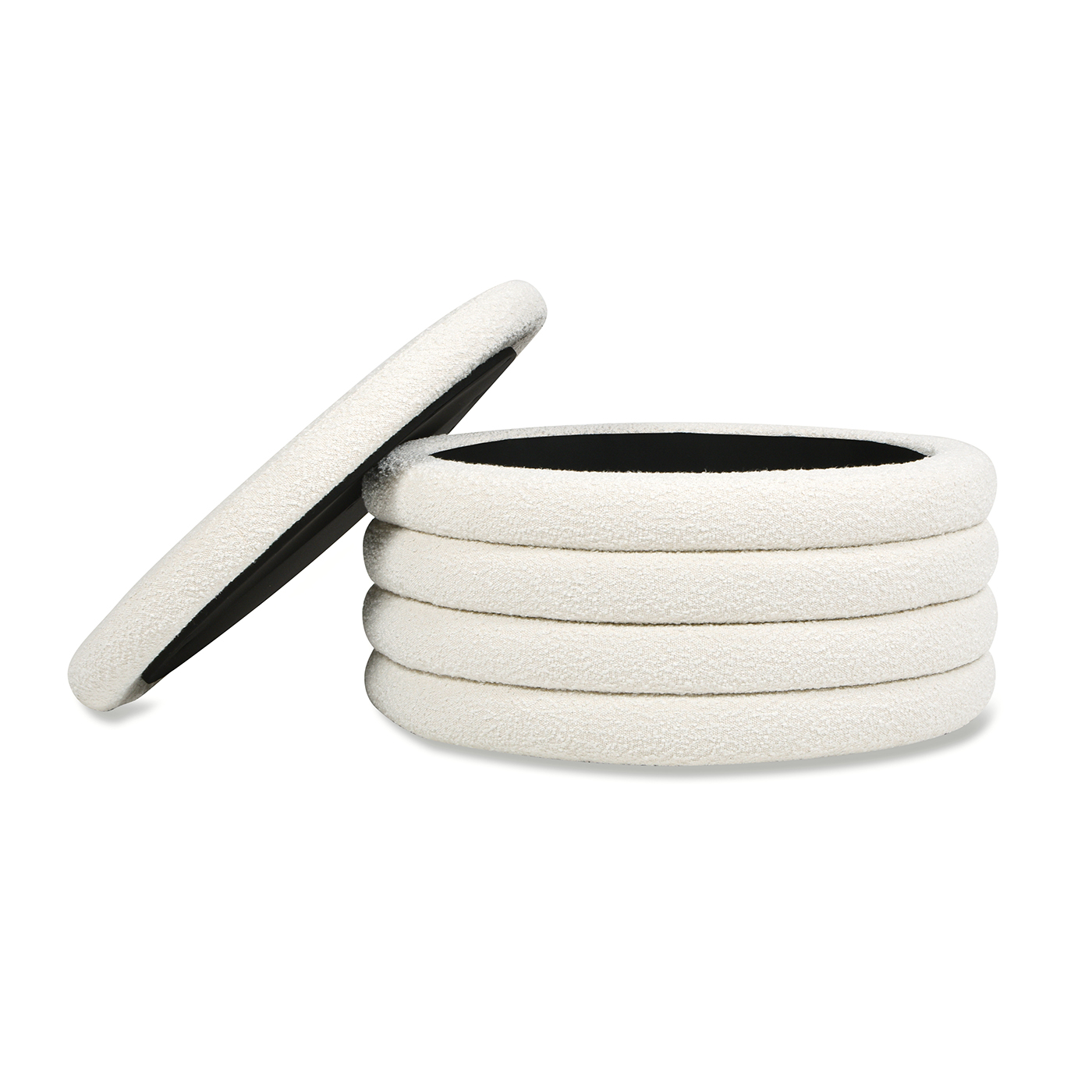 Fuji Round Upholstered Storage Cocktail Ottoman, Ivory White Bouclé