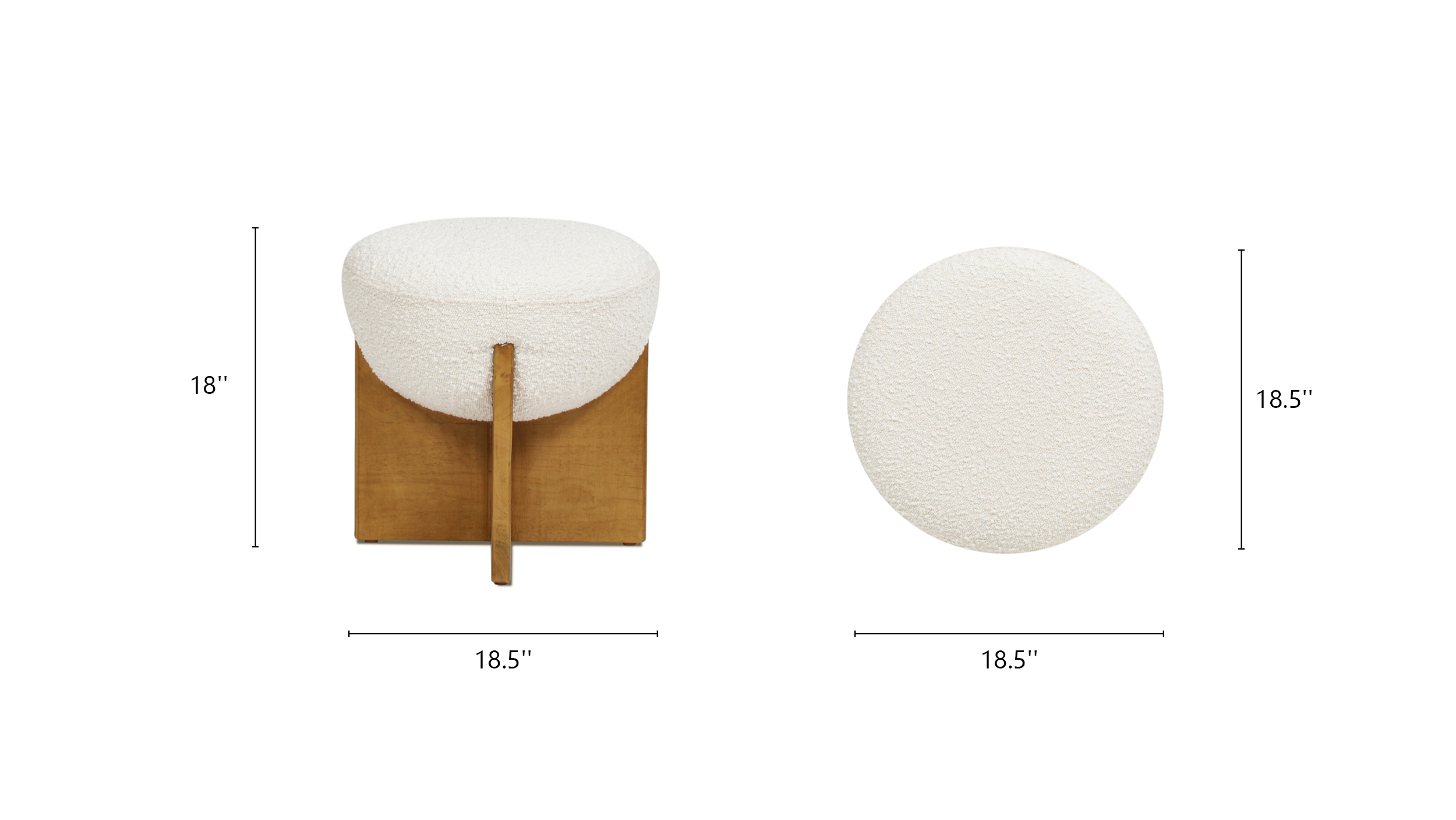 Bali Round Upholstered Ottoman with Natural Wood Base, Ivory White Boucle