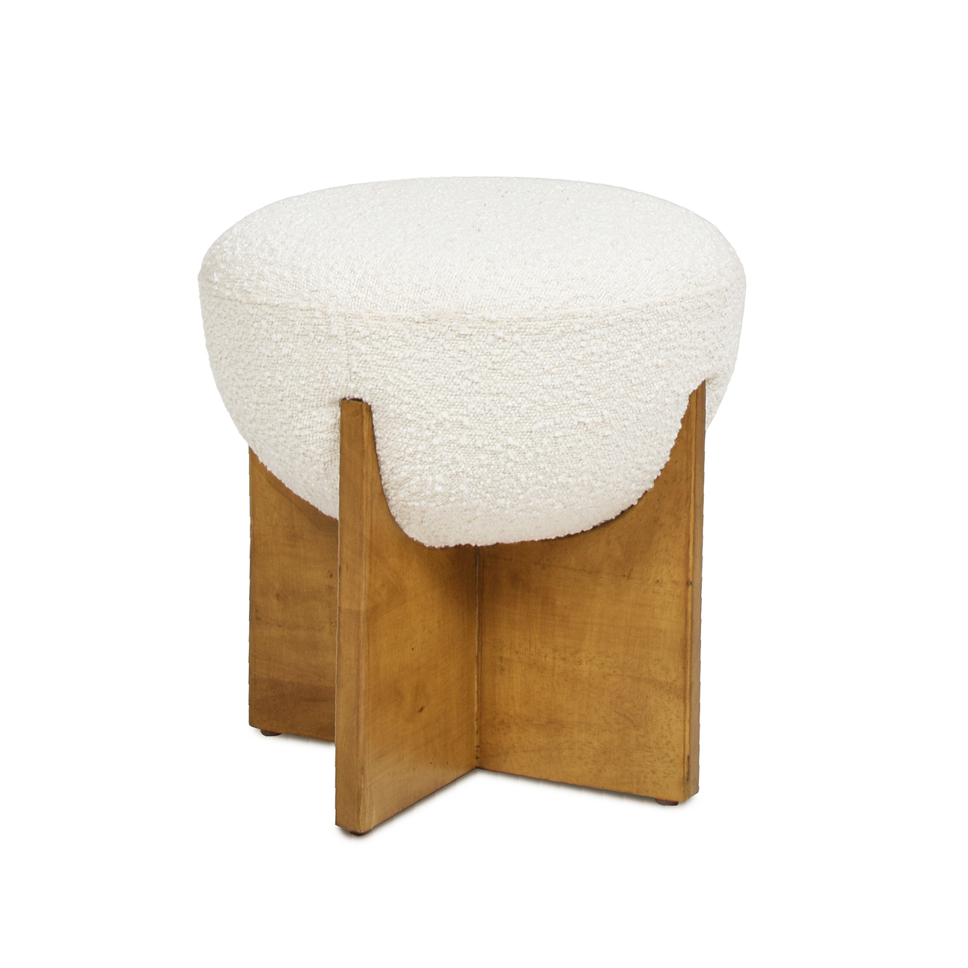 Bali Round Upholstered Ottoman with Natural Wood Base, Ivory White Boucle