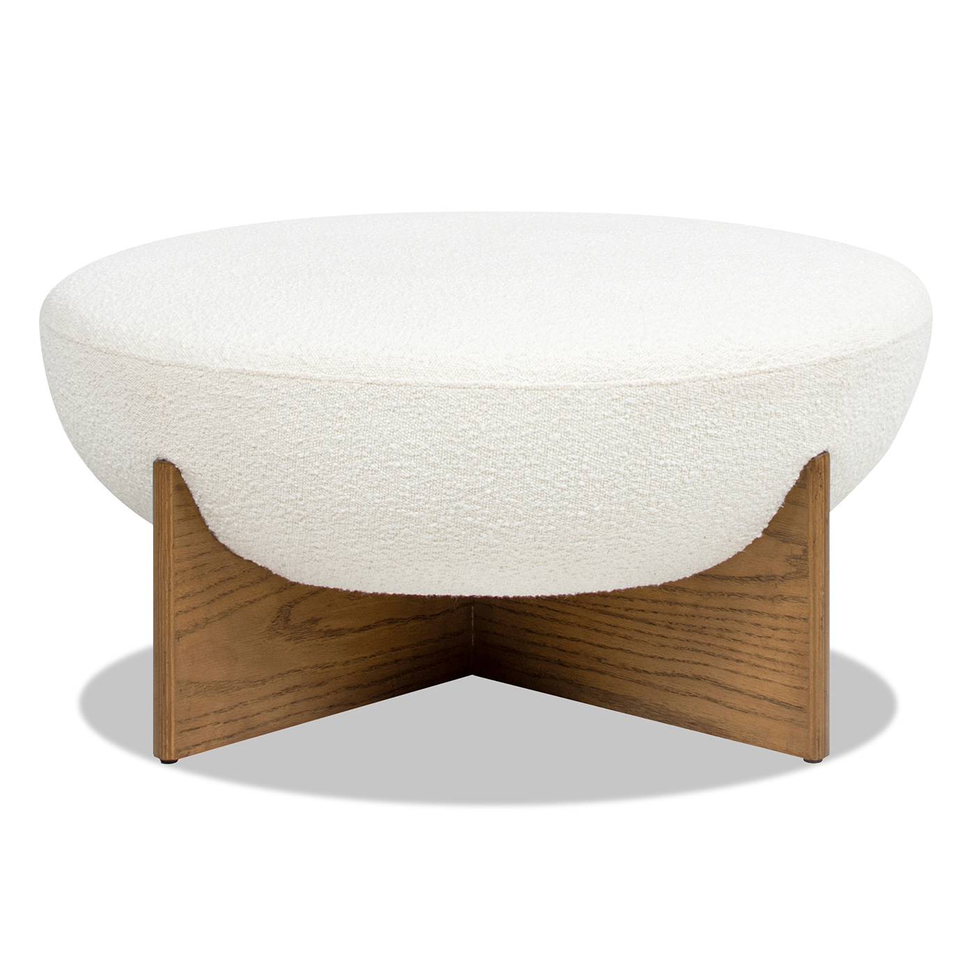 Bali Round Upholstered Ottoman with Natural Wood Base, Ivory White Boucle