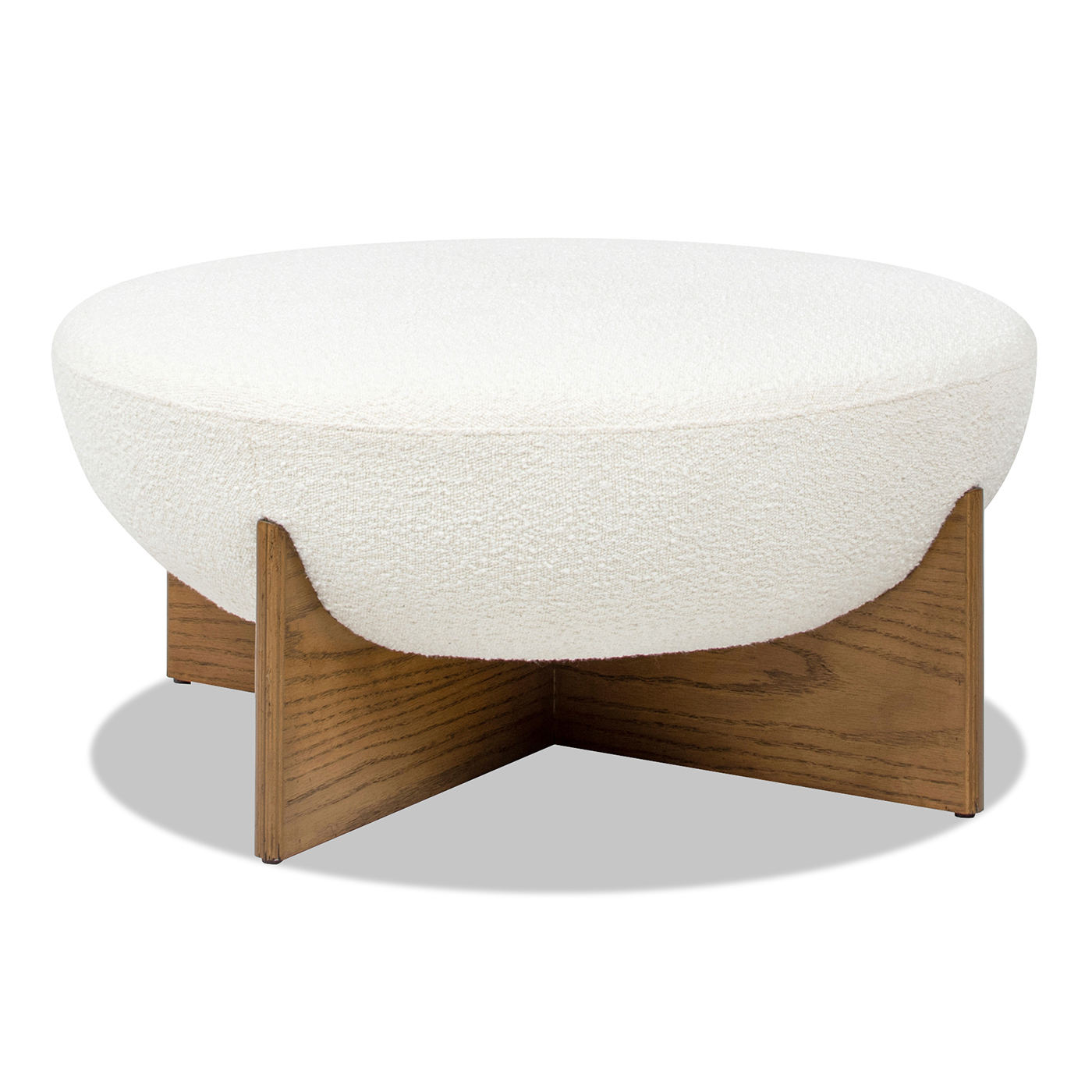 Bali Round Upholstered Ottoman with Natural Wood Base, Ivory White Boucle