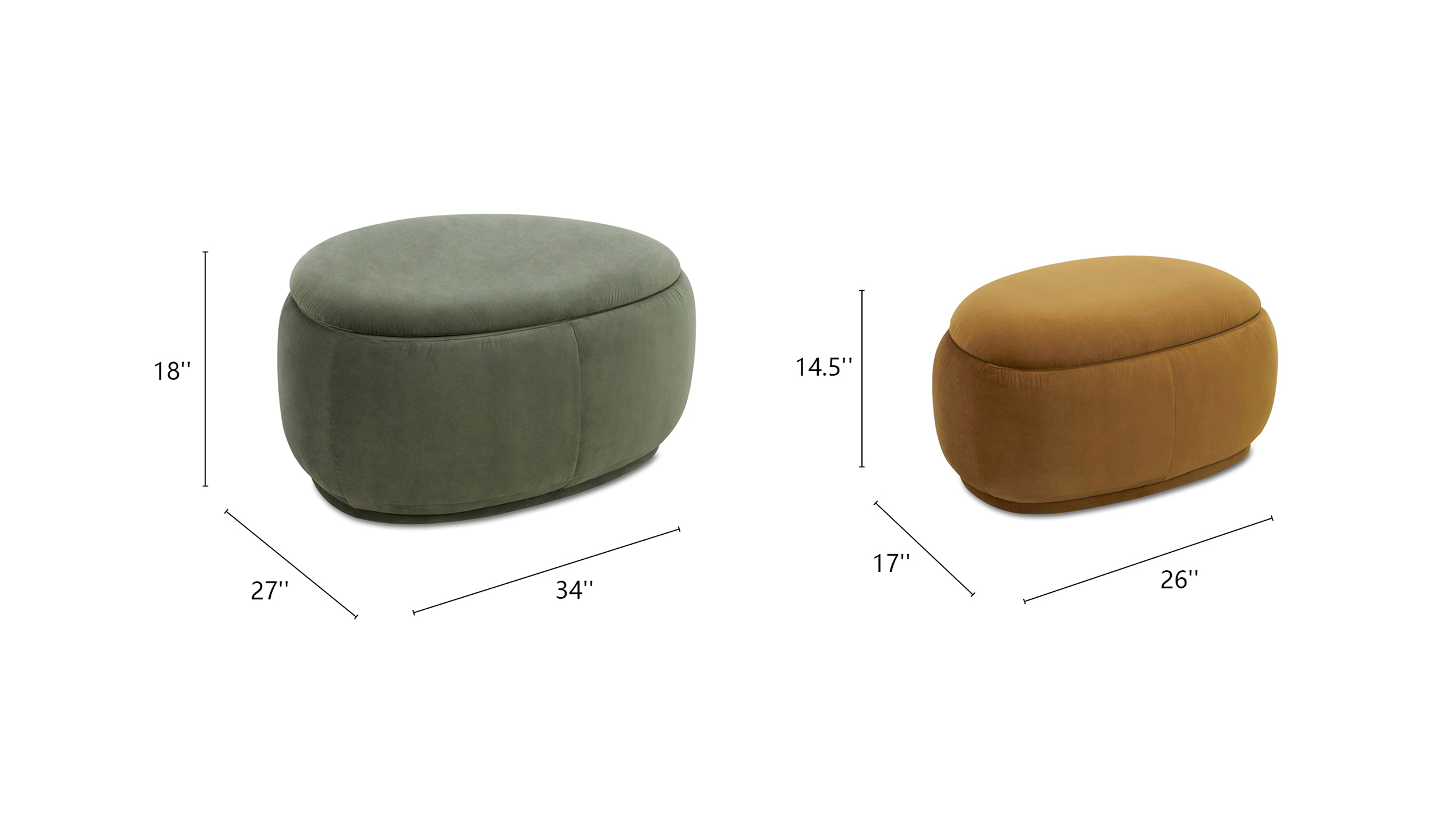 Bauble Rounded Pebble Storage Ottomans, Set of 2, Sage Green & Earthy Yello