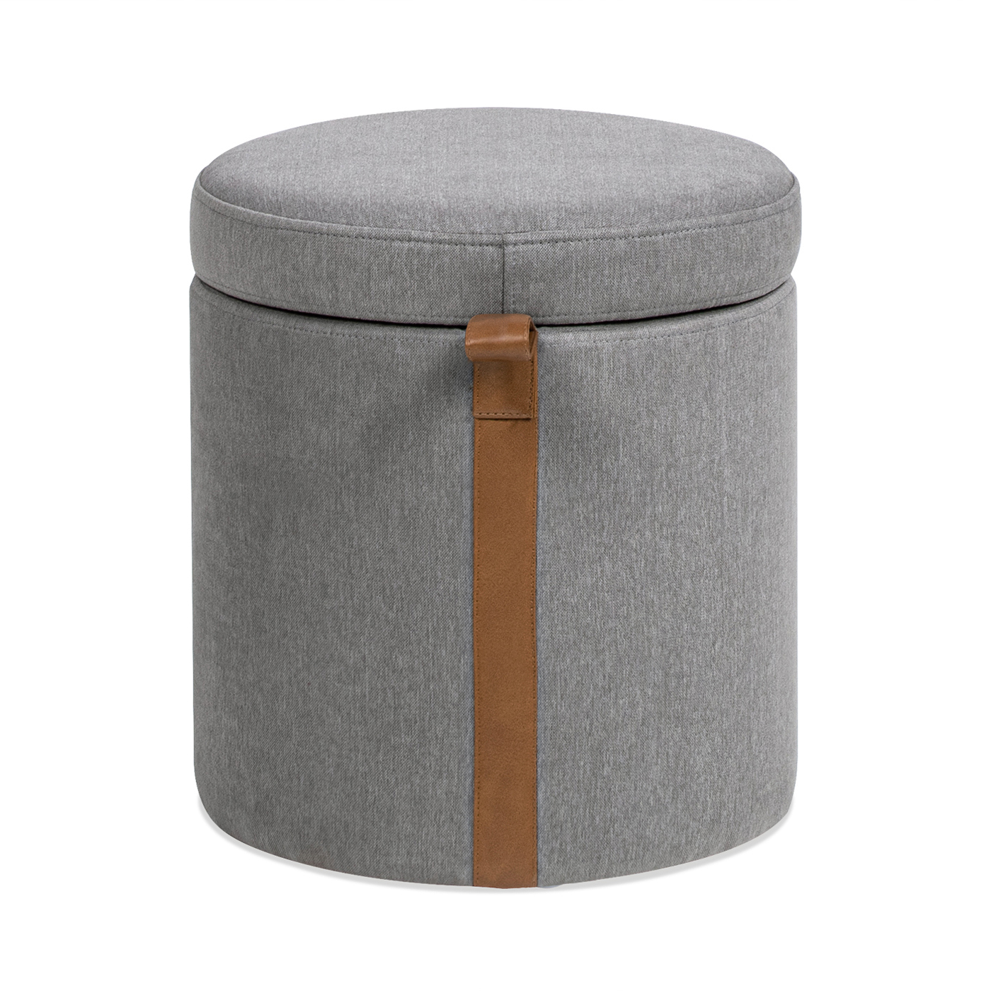Brandy Round Upholstered Storage Ottoman with Leather Accent, Uptown Gray