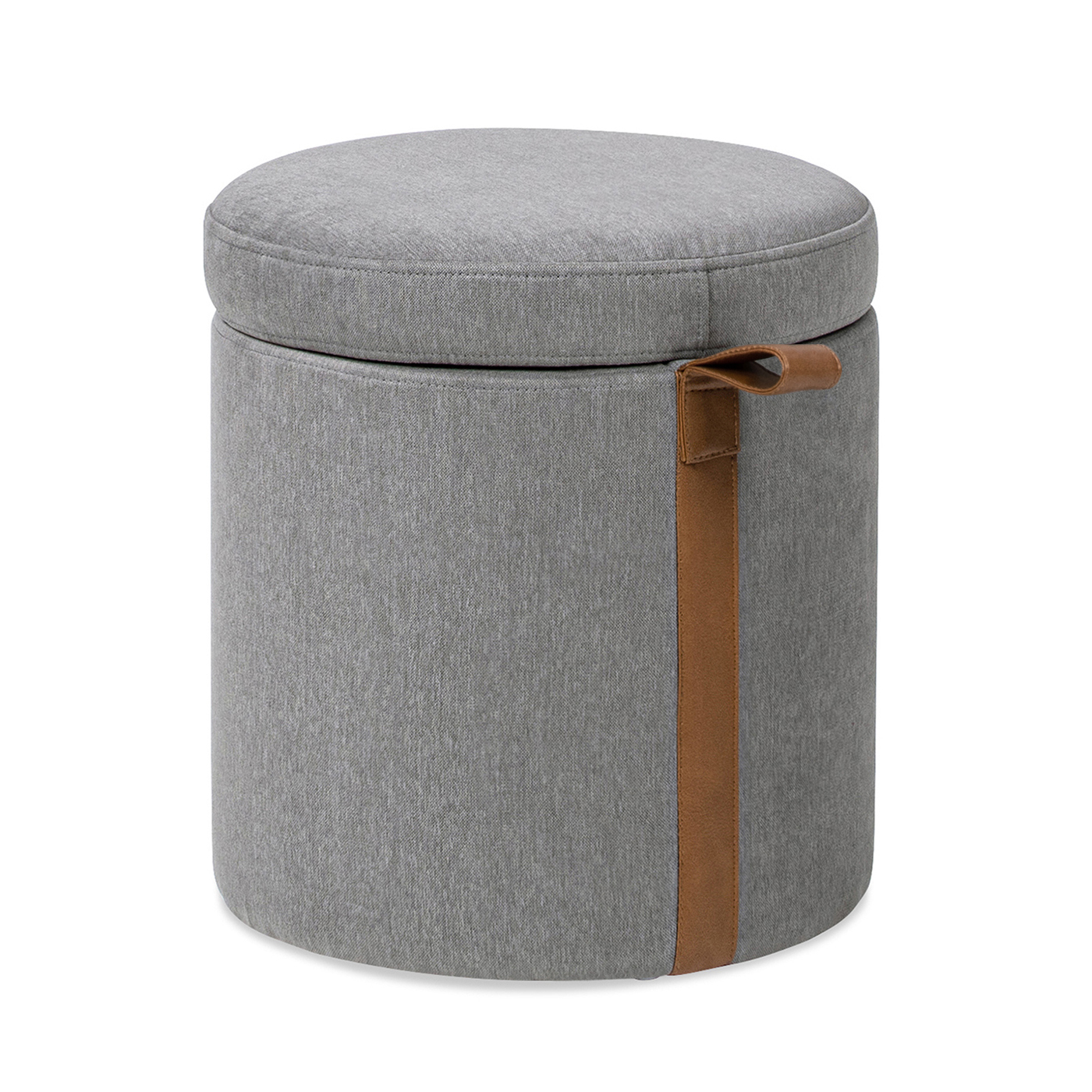 Brandy Round Upholstered Storage Ottoman with Leather Accent, Uptown Gray