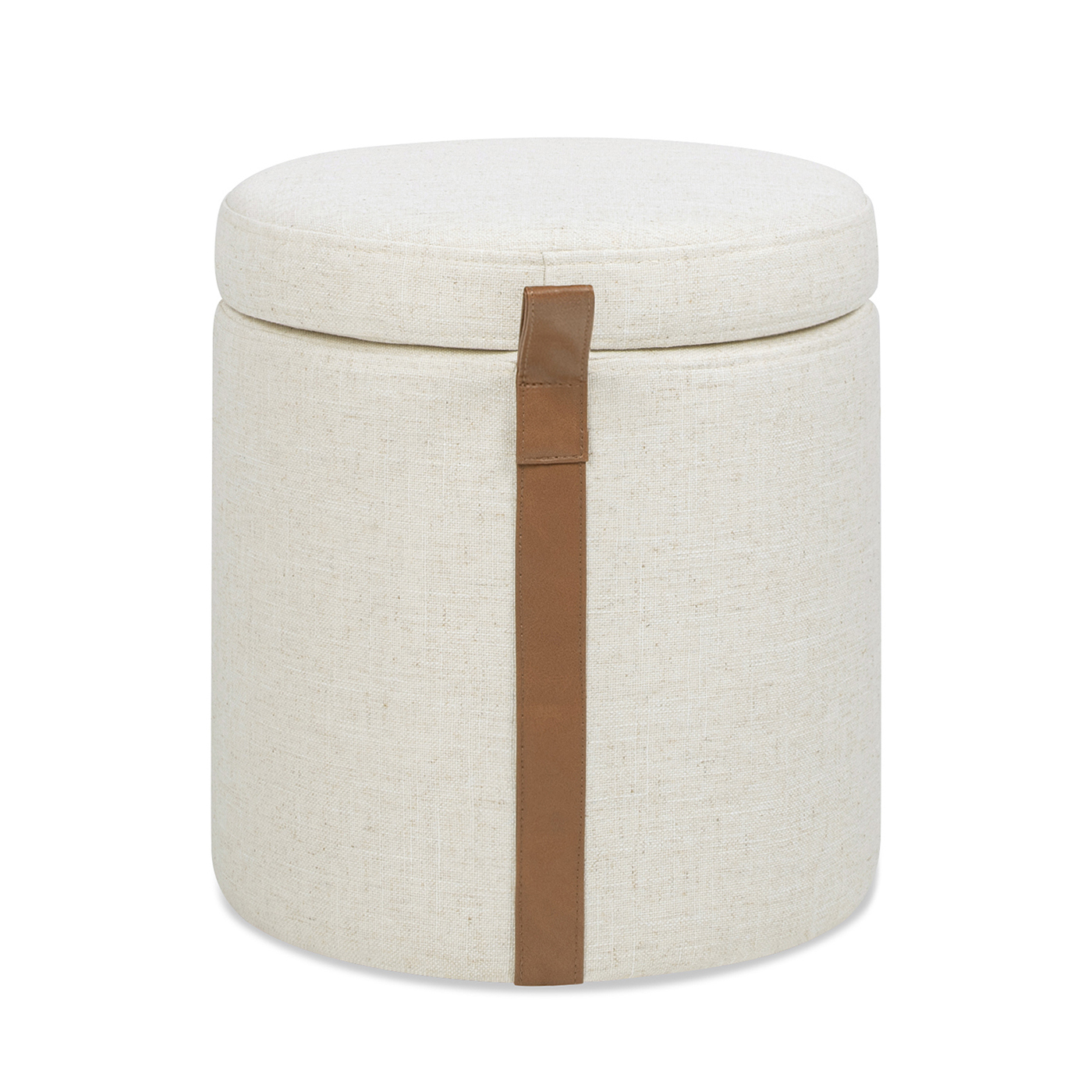 Brandy Round Upholstered Storage Ottoman with Leather Accent, Flax White