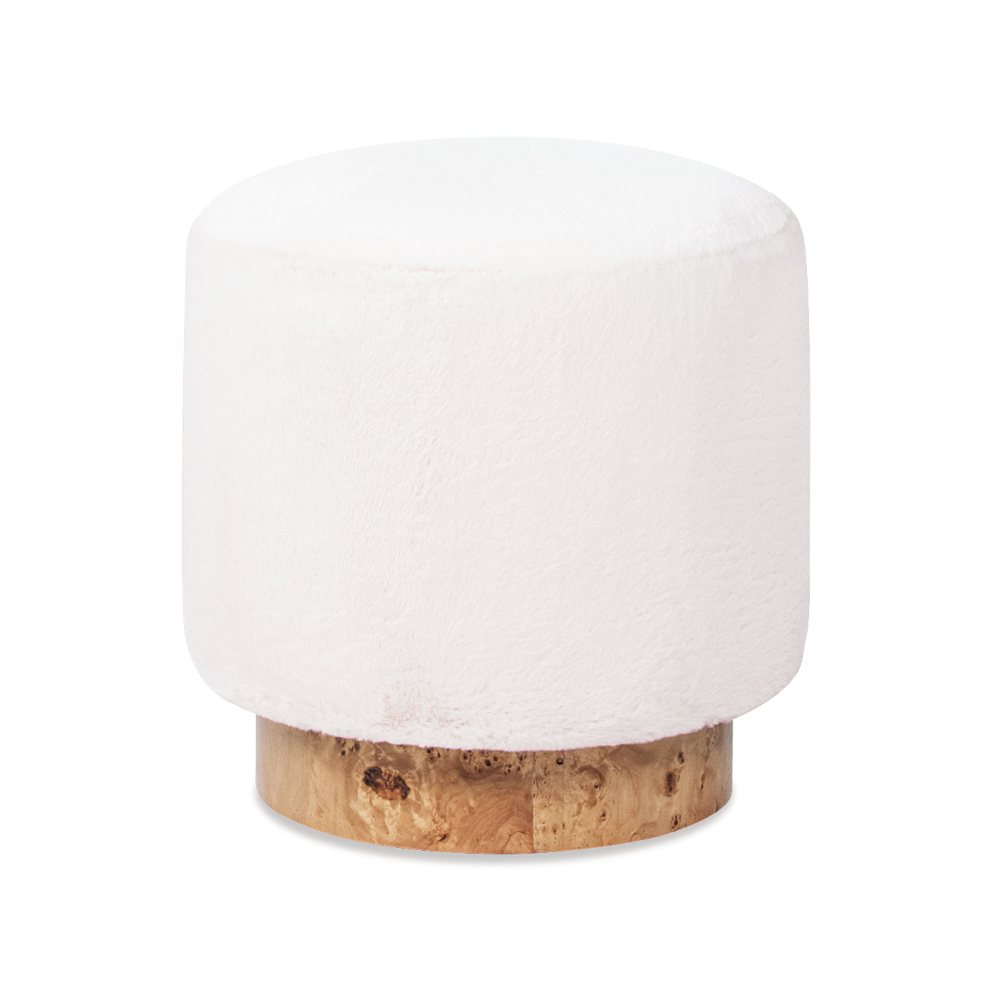 Tilly Round Fur Upholstered & Burl Pouf Ottoman, Cottontail White