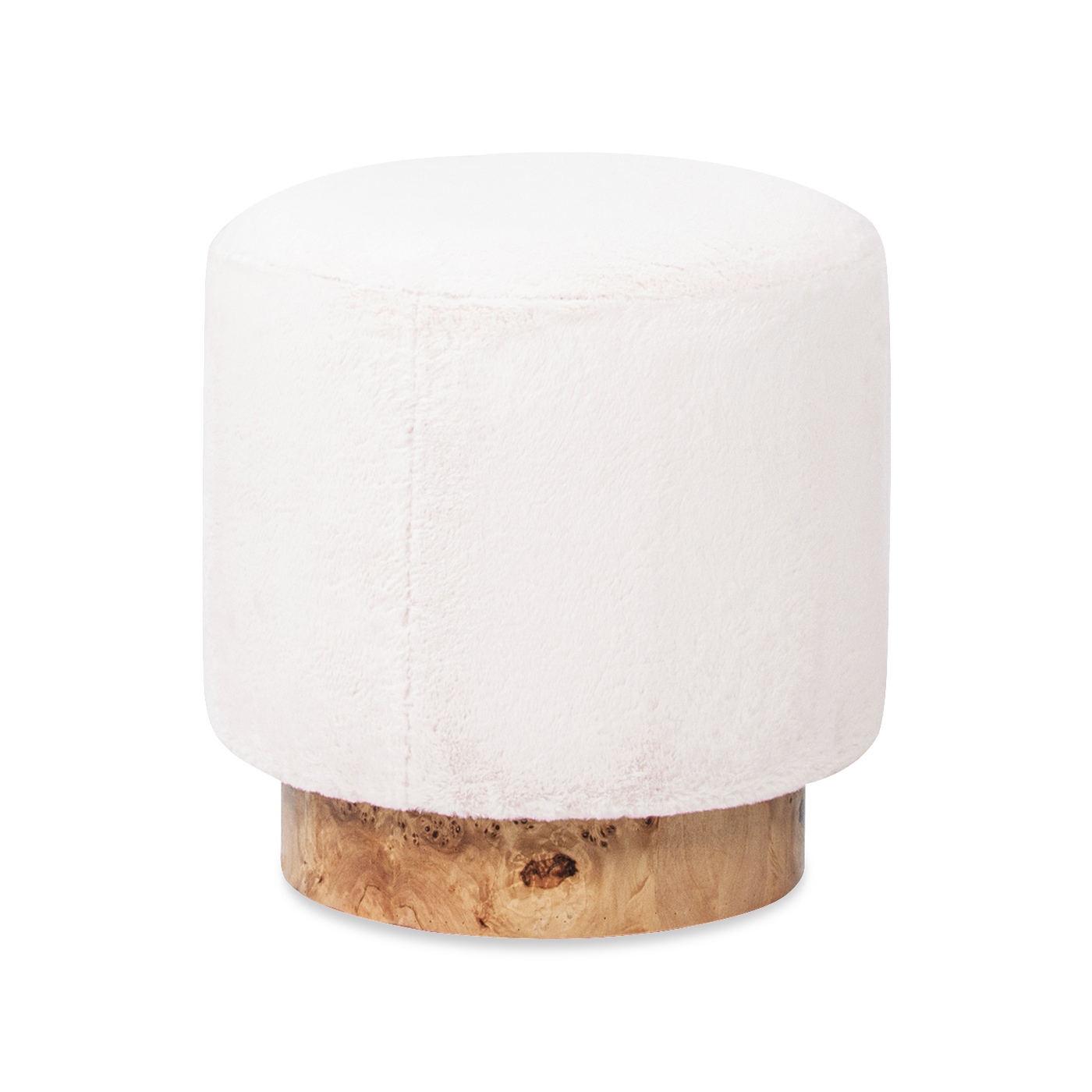 Tilly Round Fur Upholstered & Burl Pouf Ottoman, Cottontail White