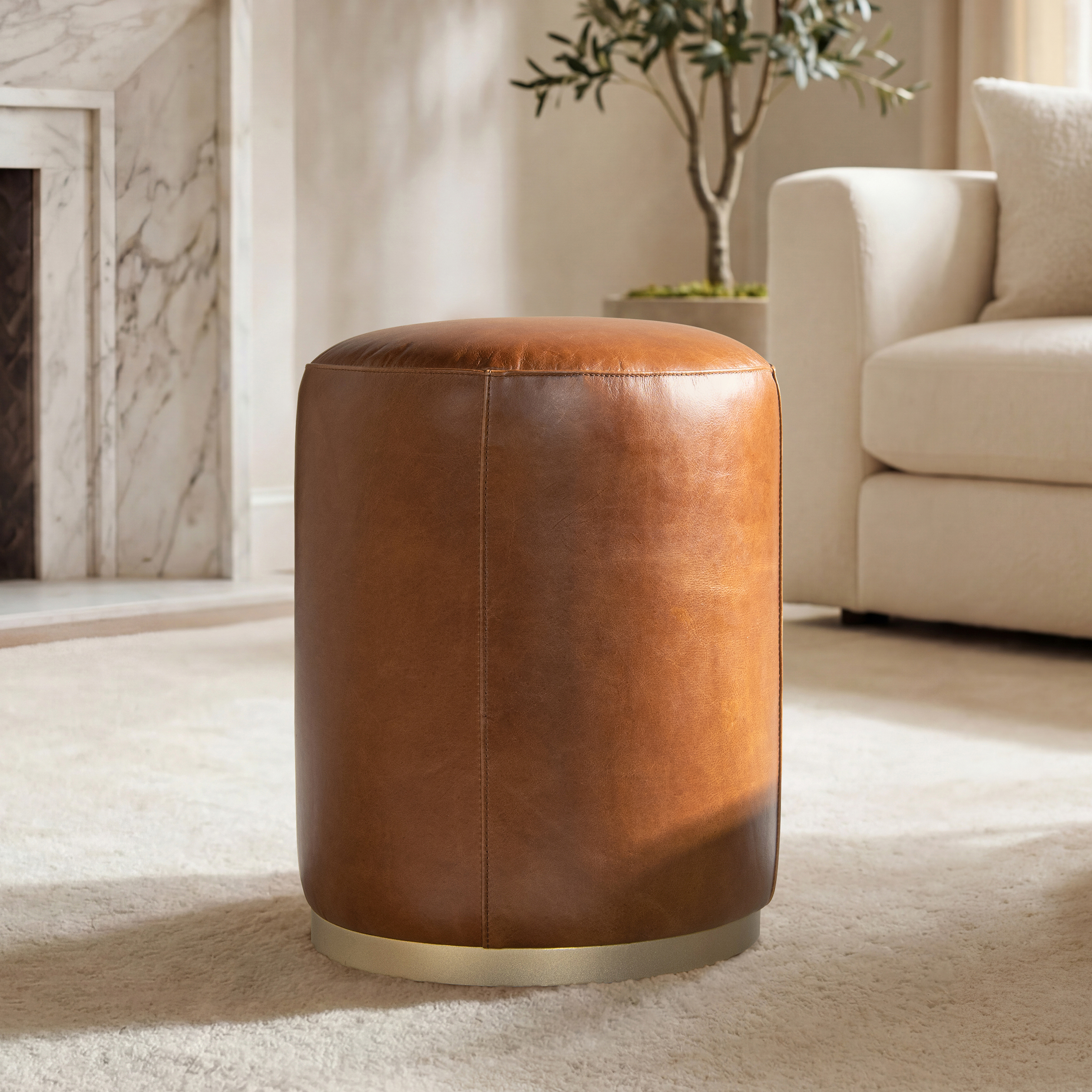 Nico Round Leather Ottoman Stool, Camel Brown