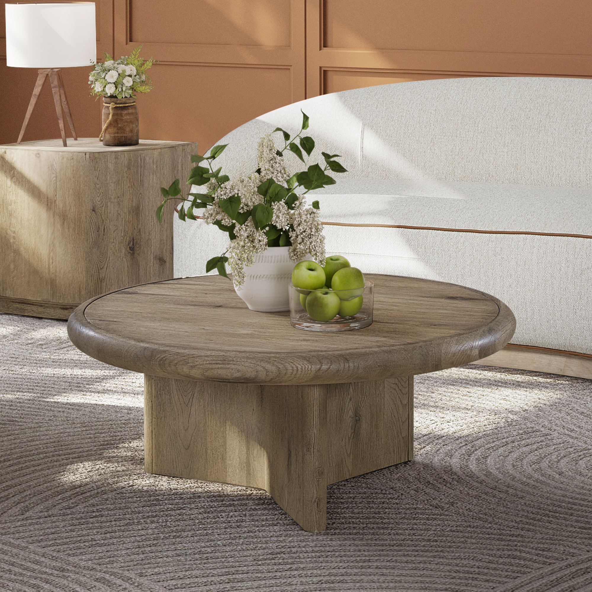 Hampshire English Knotty Oak Round Coffee Table with Sculptural Base