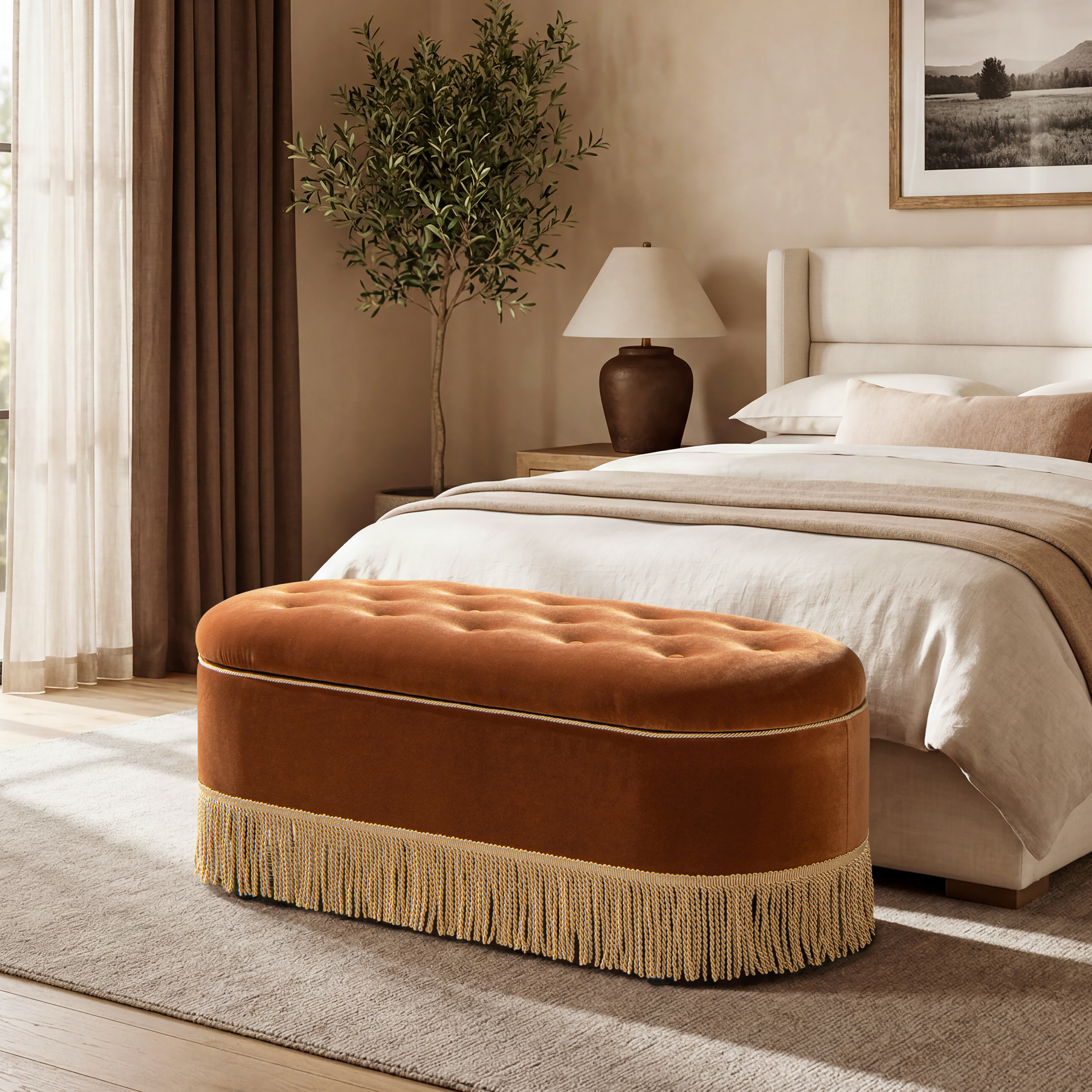 Melinda Oval Tufted Bullion Fringe Storage Bench, Burnt Orange