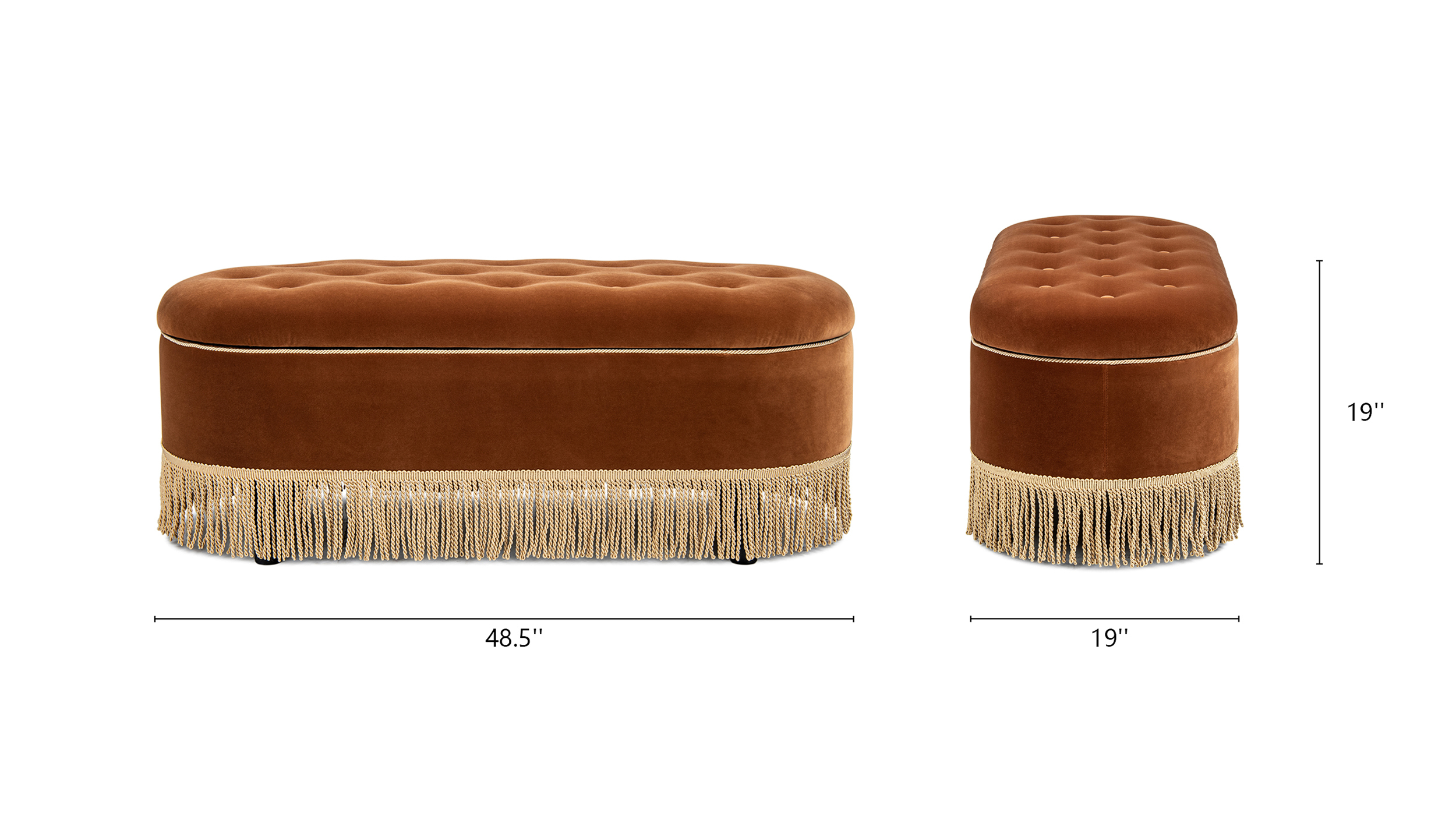 Melinda Oval Tufted Bullion Fringe Storage Bench, Burnt Orange