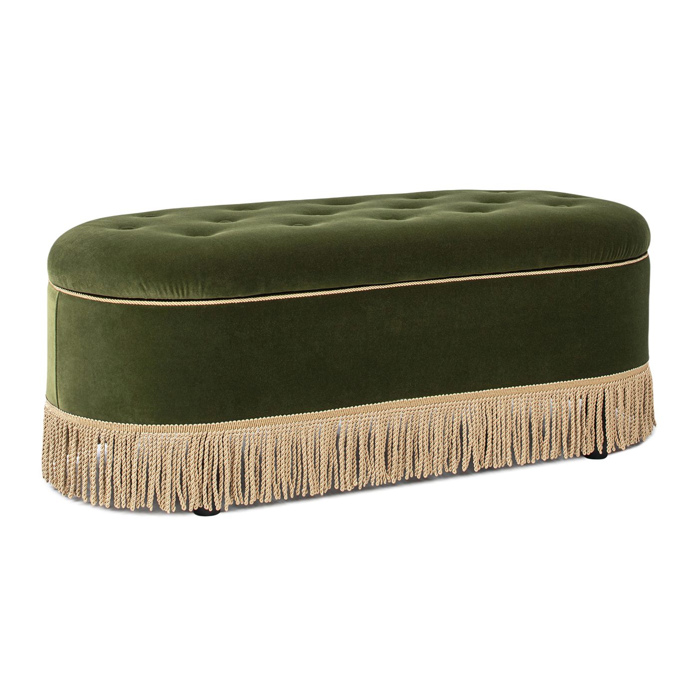 Melinda Oval Tufted Bullion Fringe Storage Bench, Olive Green