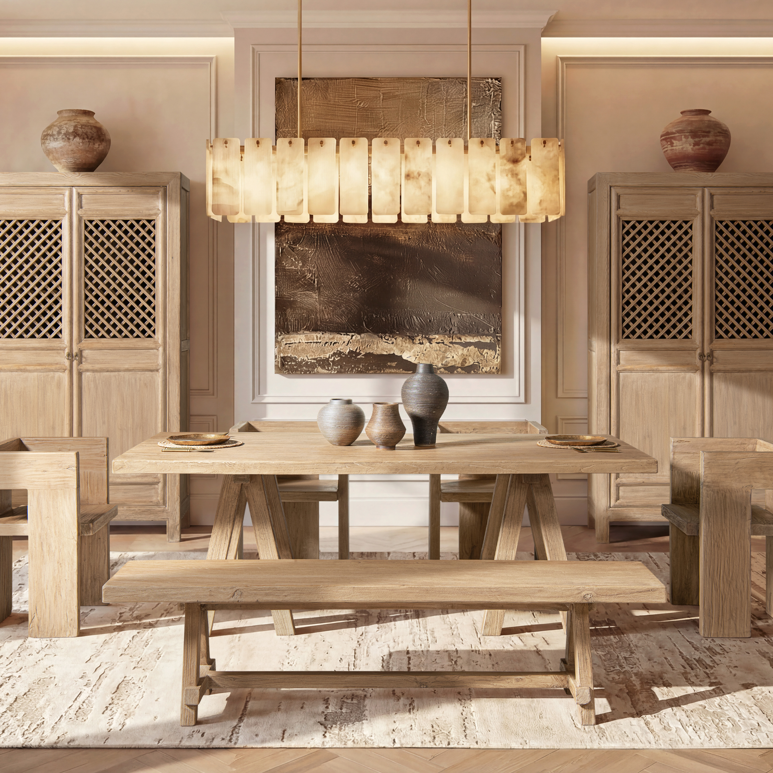 Hawthorne Reclaimed Elm Trestle Dining Bench, Heritage Light Natural Brown