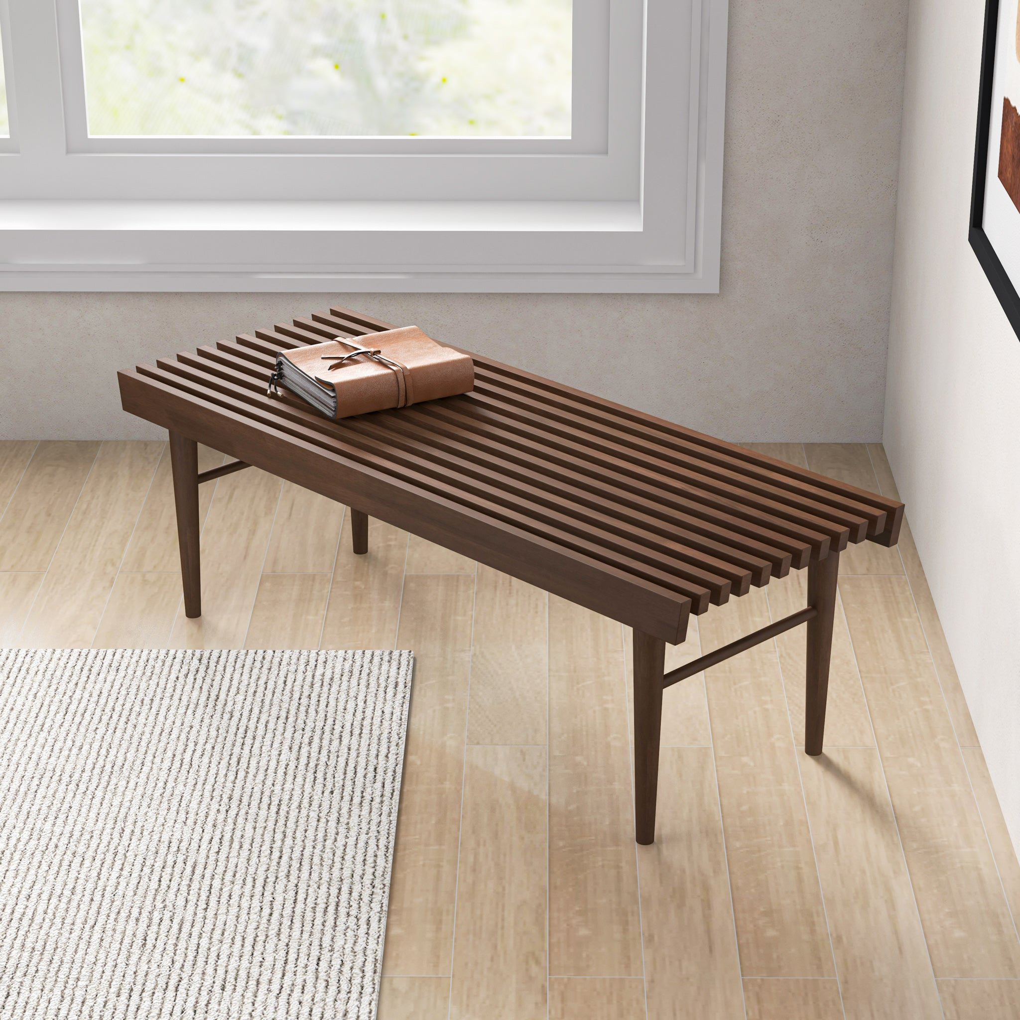 Aldercrest Solid Eucalyptus Slatted Bench in Walnut Stain Finish