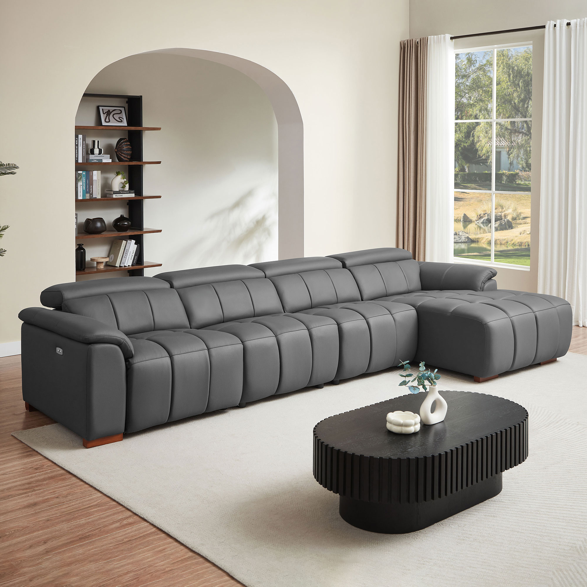 Montero Right-Hand-Facing Genuine Leather Power Reclining Sectional Sofa with Adjustable Backrests and USB Charging, Dark Gray