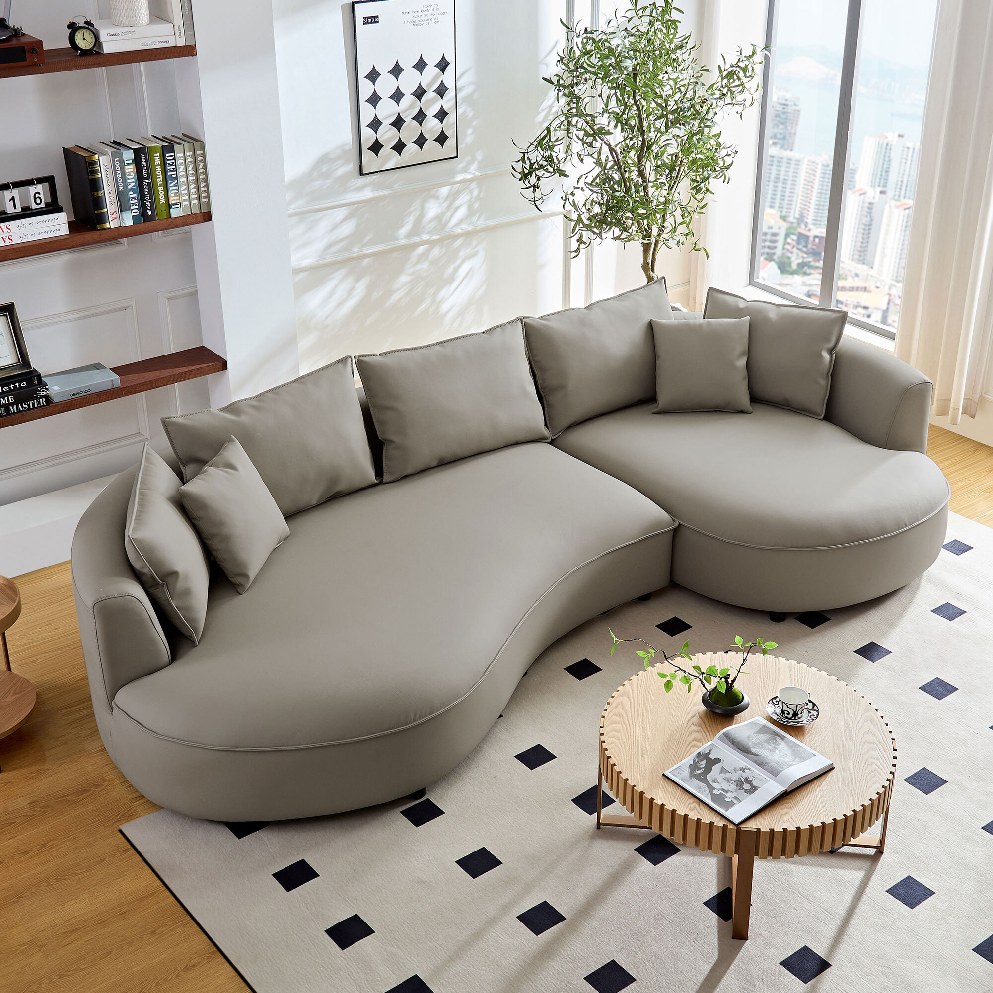 Barronne Wide Curved Sectional Sofa in Bonded Leather with Accent Pillows