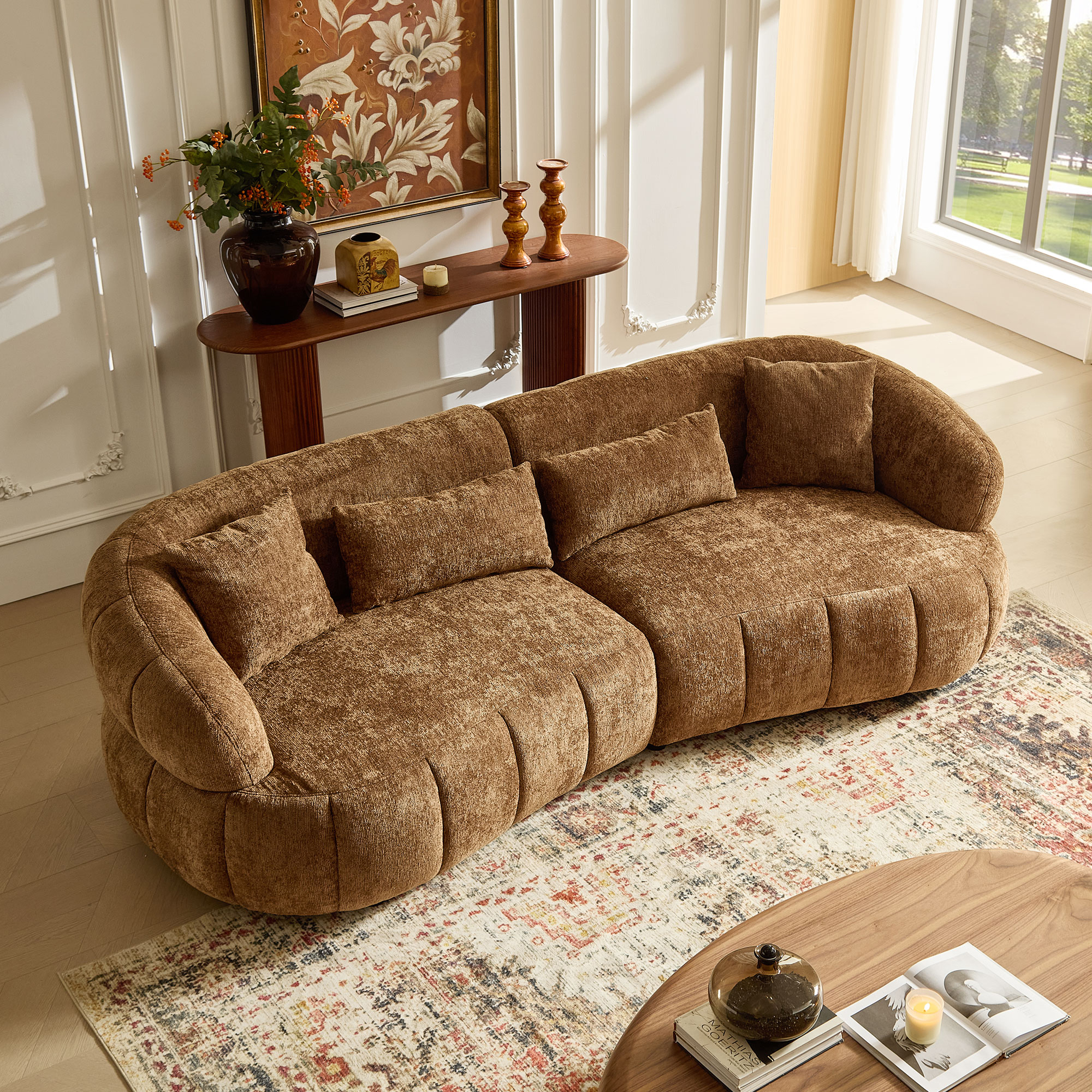Bellara Sculpted Curved Sofa with Rounded Arms and Plush Cushions, Brown