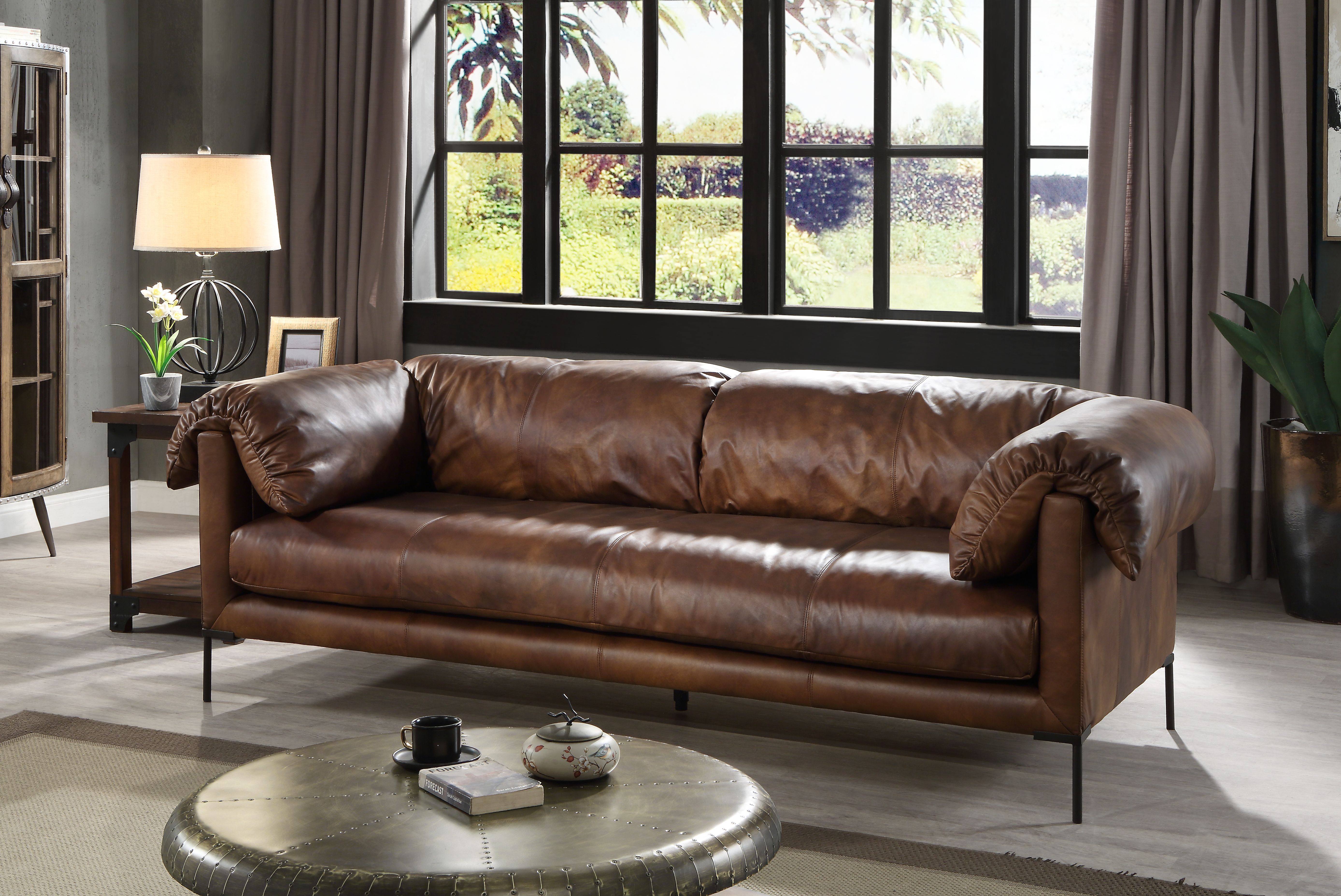 Santino Top-Grain Leather Sofa with Pillow Arms and Metal Legs