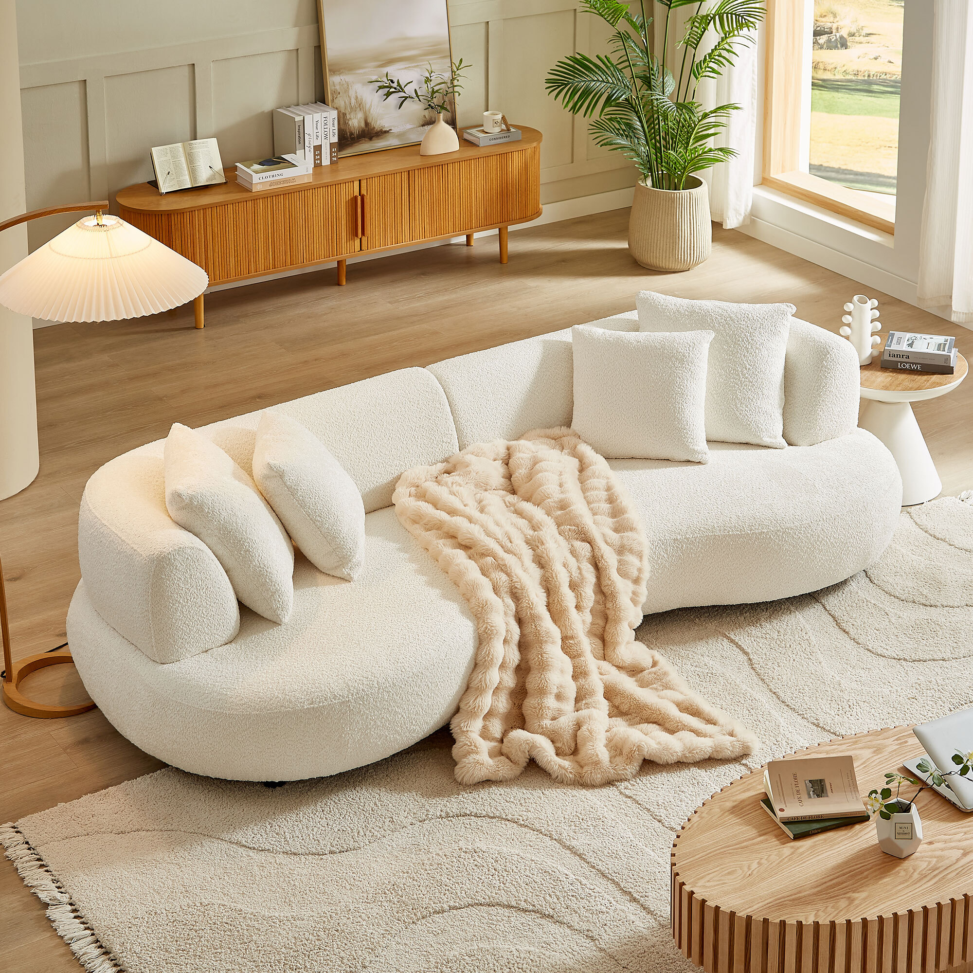 Cavelli Curved Bouclé Sofa with Accent Pillows, White