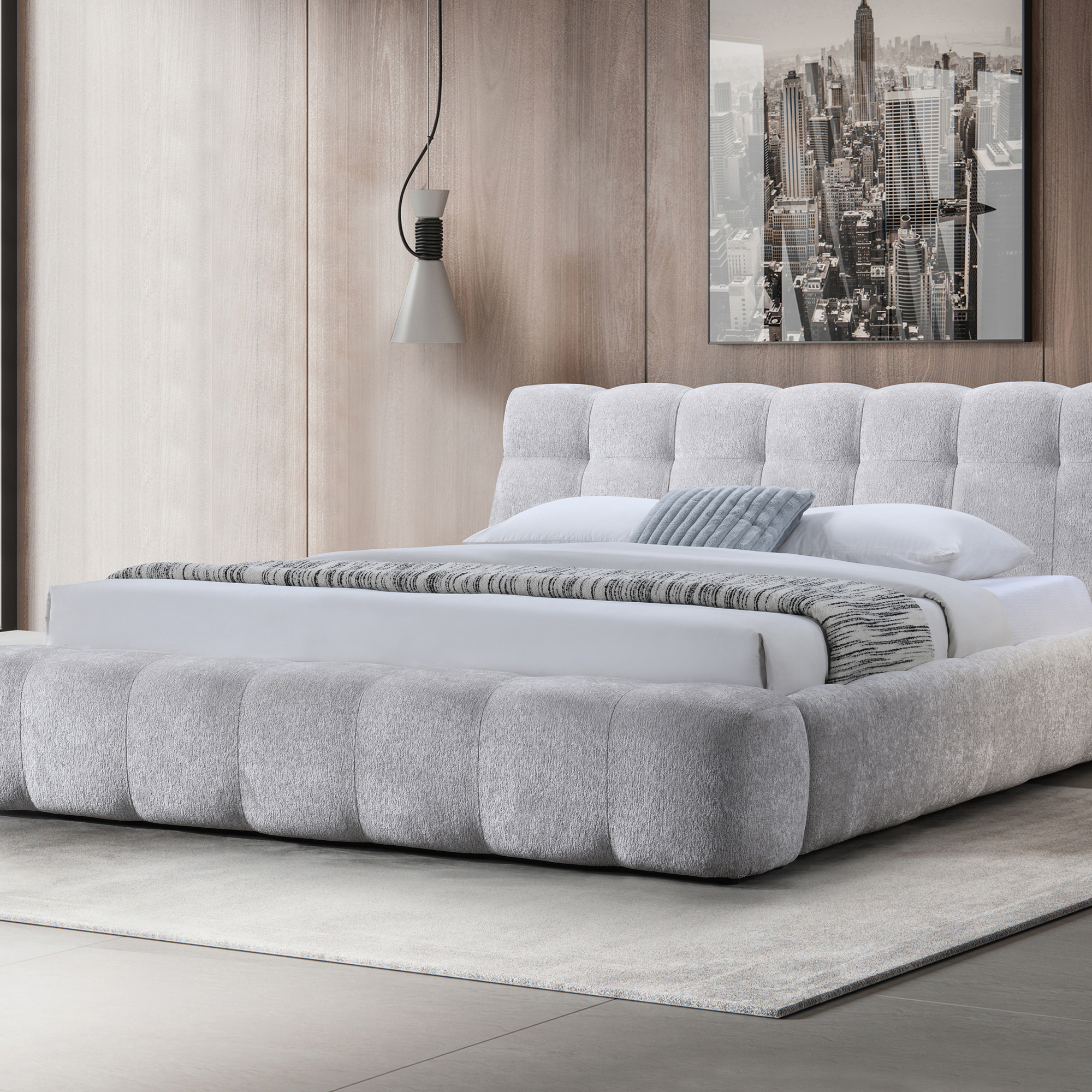 Elara Upholstered Channel-Tufted Platform Bed, King, Chenille Gray