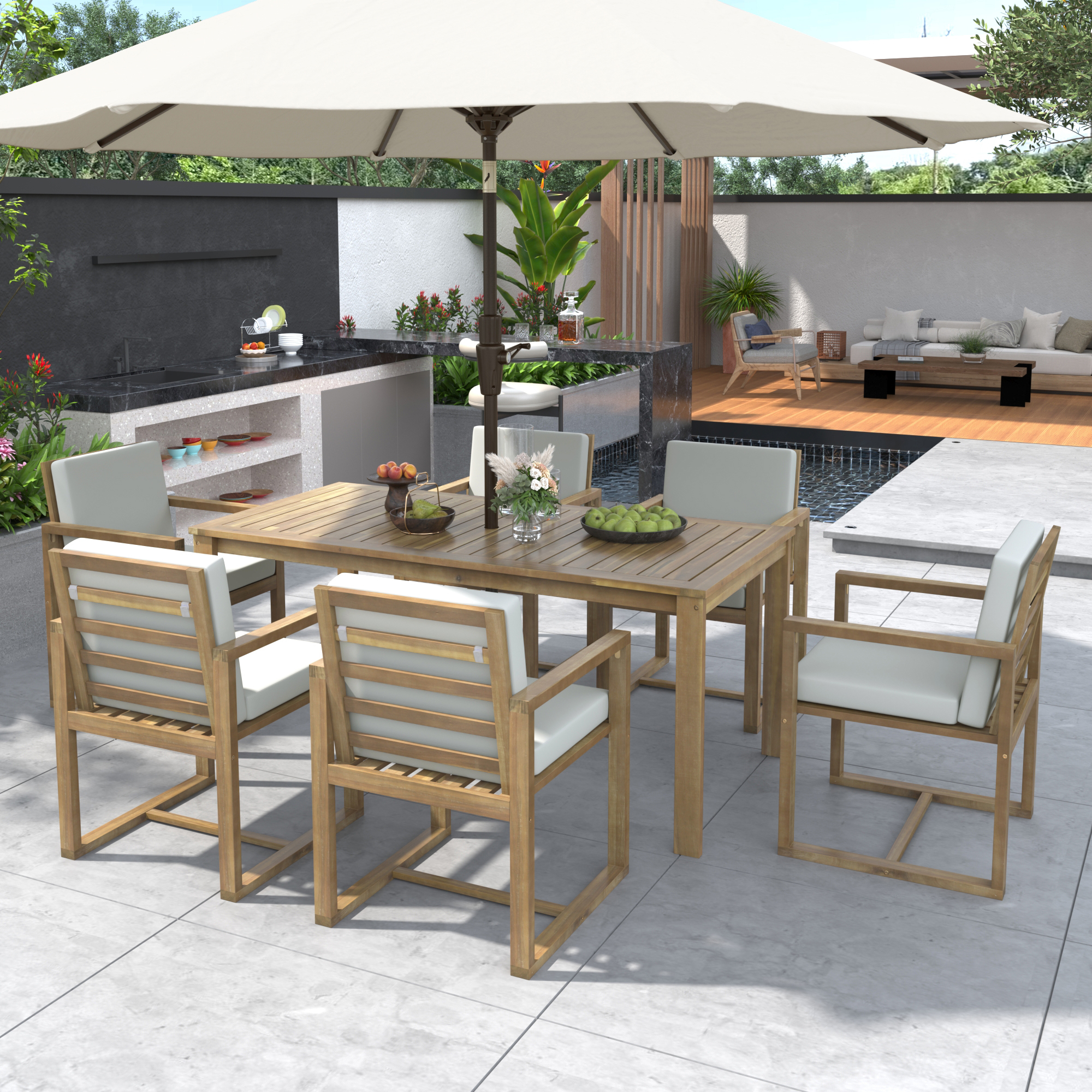 Halstead 7-Piece Outdoor Dining Set with Cushioned Chairs and Rectangular Acacia Wood Table