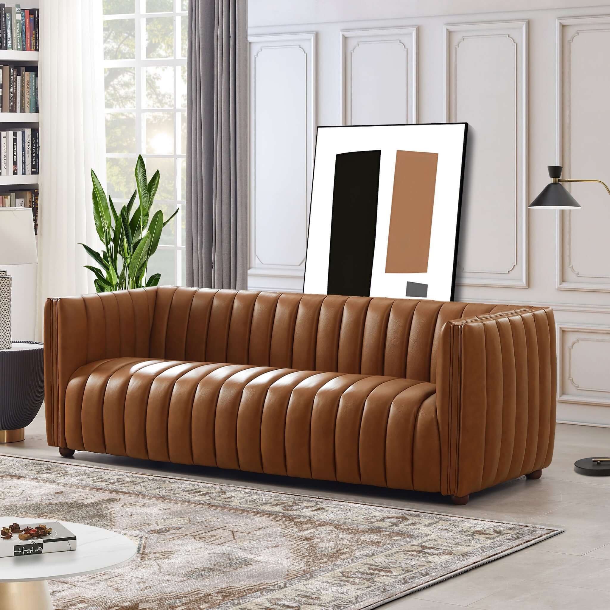 Auguston Channel-Tufted Genuine Leather Sofa in Cognac