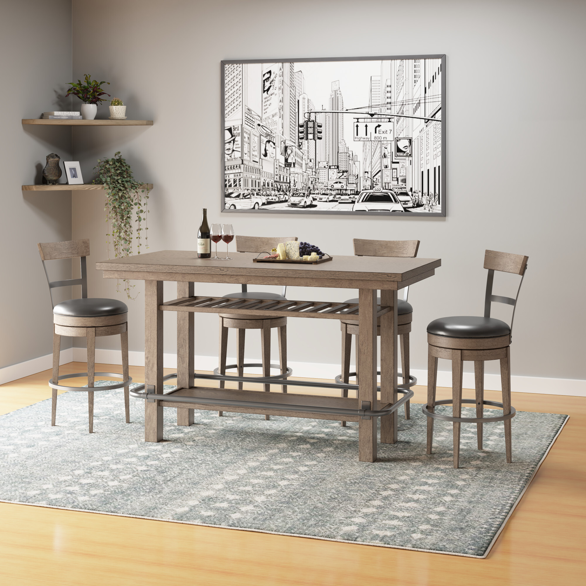 Hudson 6-Person Bar-Height Dining Table with Solid Oak Top, Wood Base & Metal Footrest
