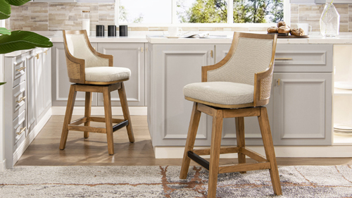 Pictured Above: Bahama Cane Rattan High-Back Swivel Counter Stool with Recessed Arms, Taupe Beige