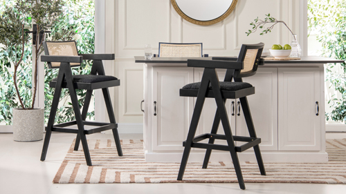 Pictured Above: Milan 29.5" Modern Resin Webbing Back Bar Stool with Arms, Set of 3, Ebony Black Bouclé
