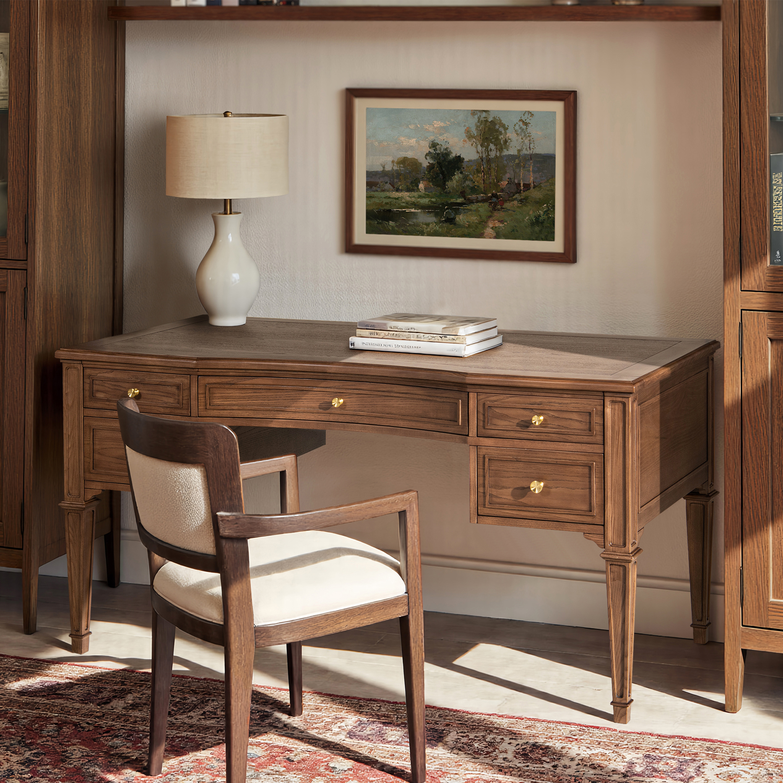 Dauphin Gold Accent 5-Drawer Wood Executive Desk, Natural Brown Wood