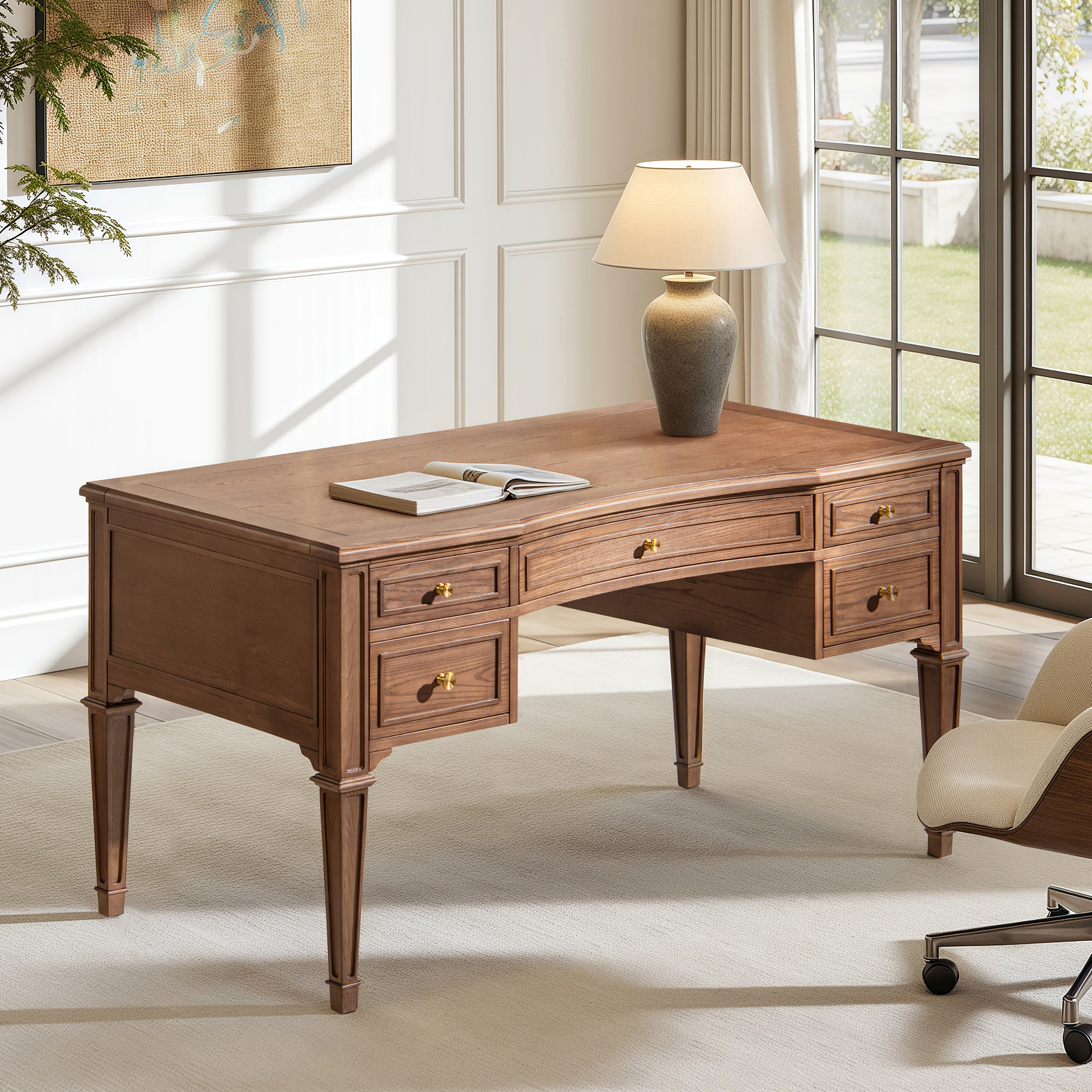 Dauphin Gold Accent 5-Drawer Wood Executive Desk, Natural Brown Wood