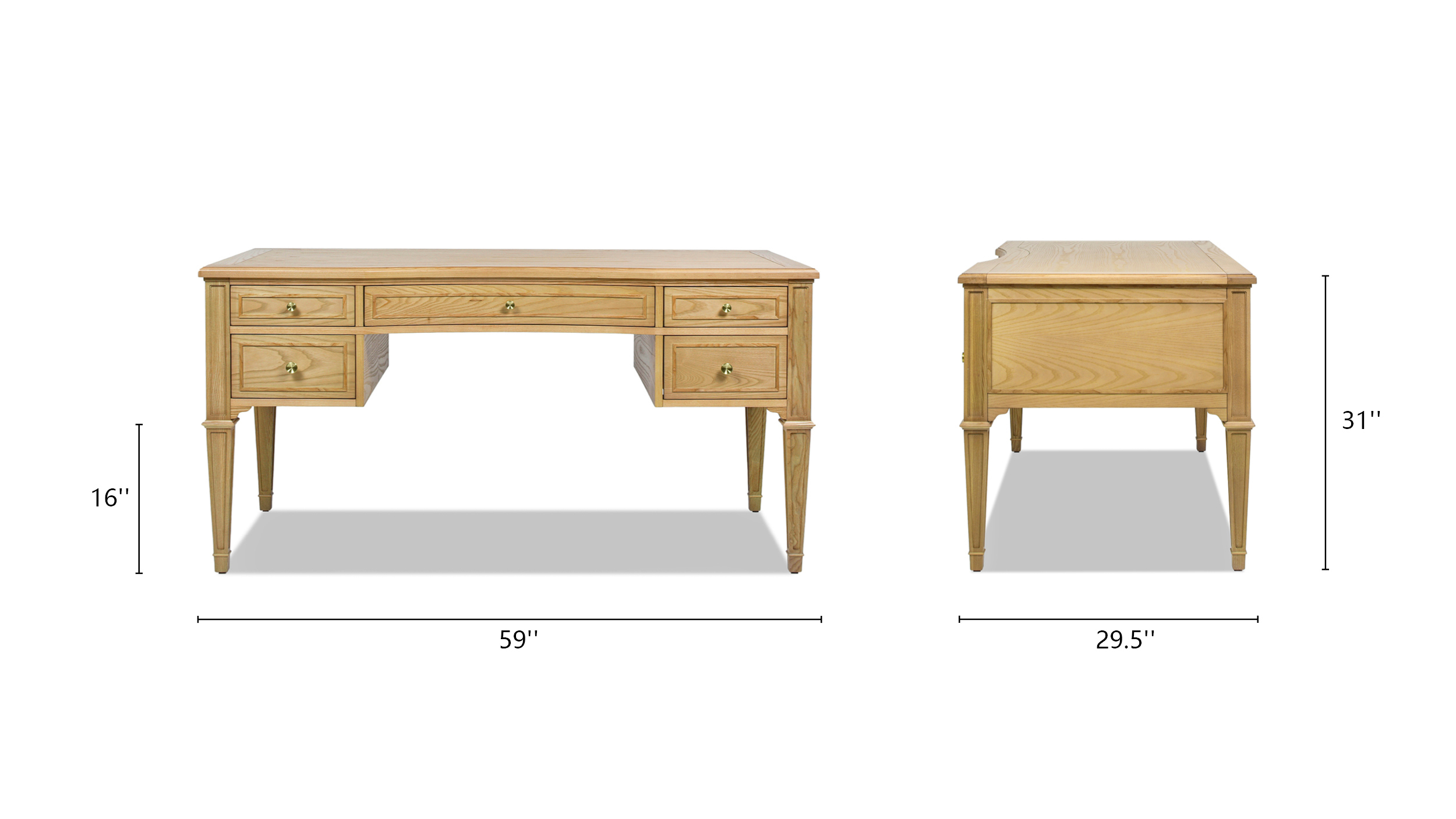 Dauphin Gold Accent 5-Drawer Wood Executive Desk, Natural Brown Wood "Dauphin