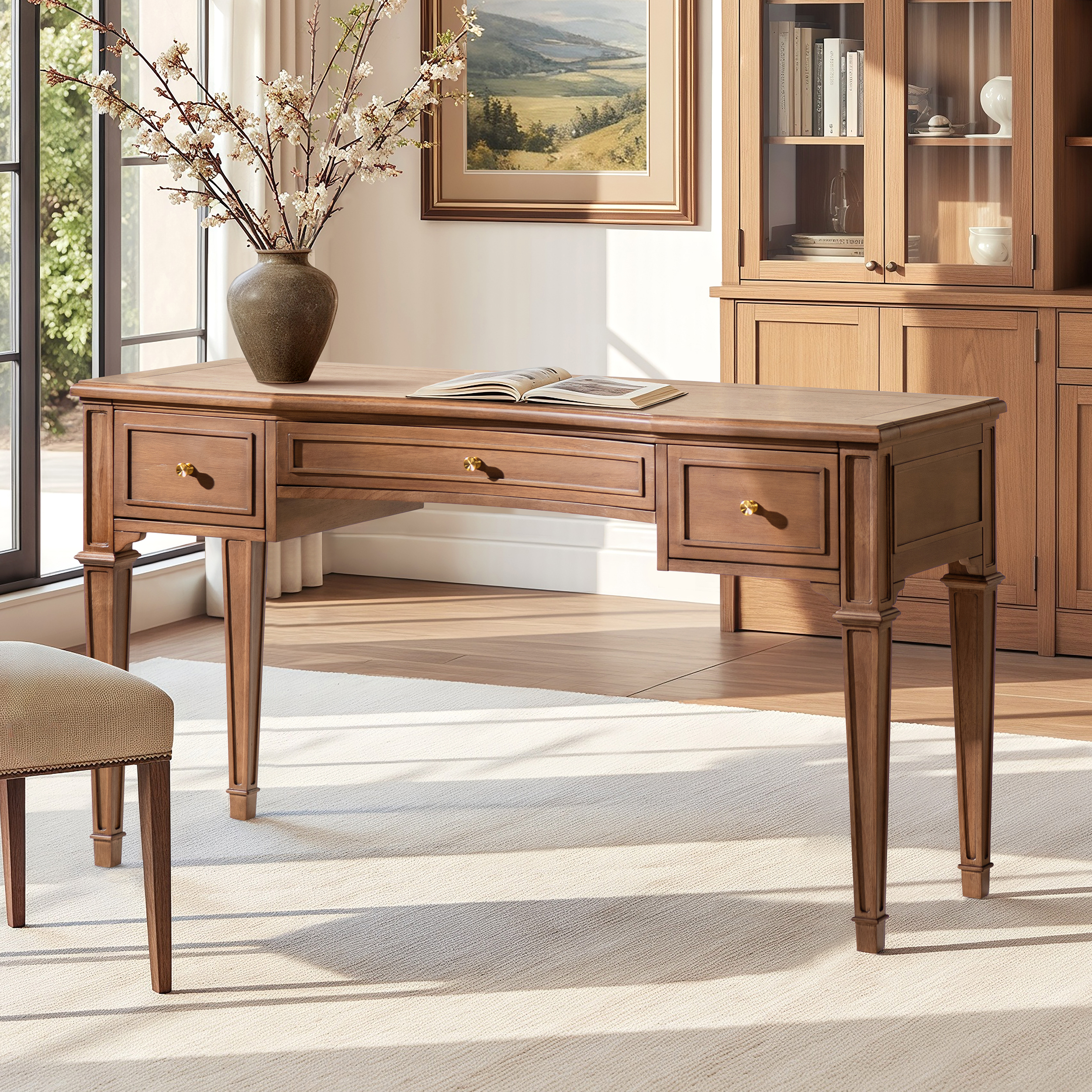 Dauphin 3-Drawer Wood Executive Desk, Brown Rubber Wood & Veneer