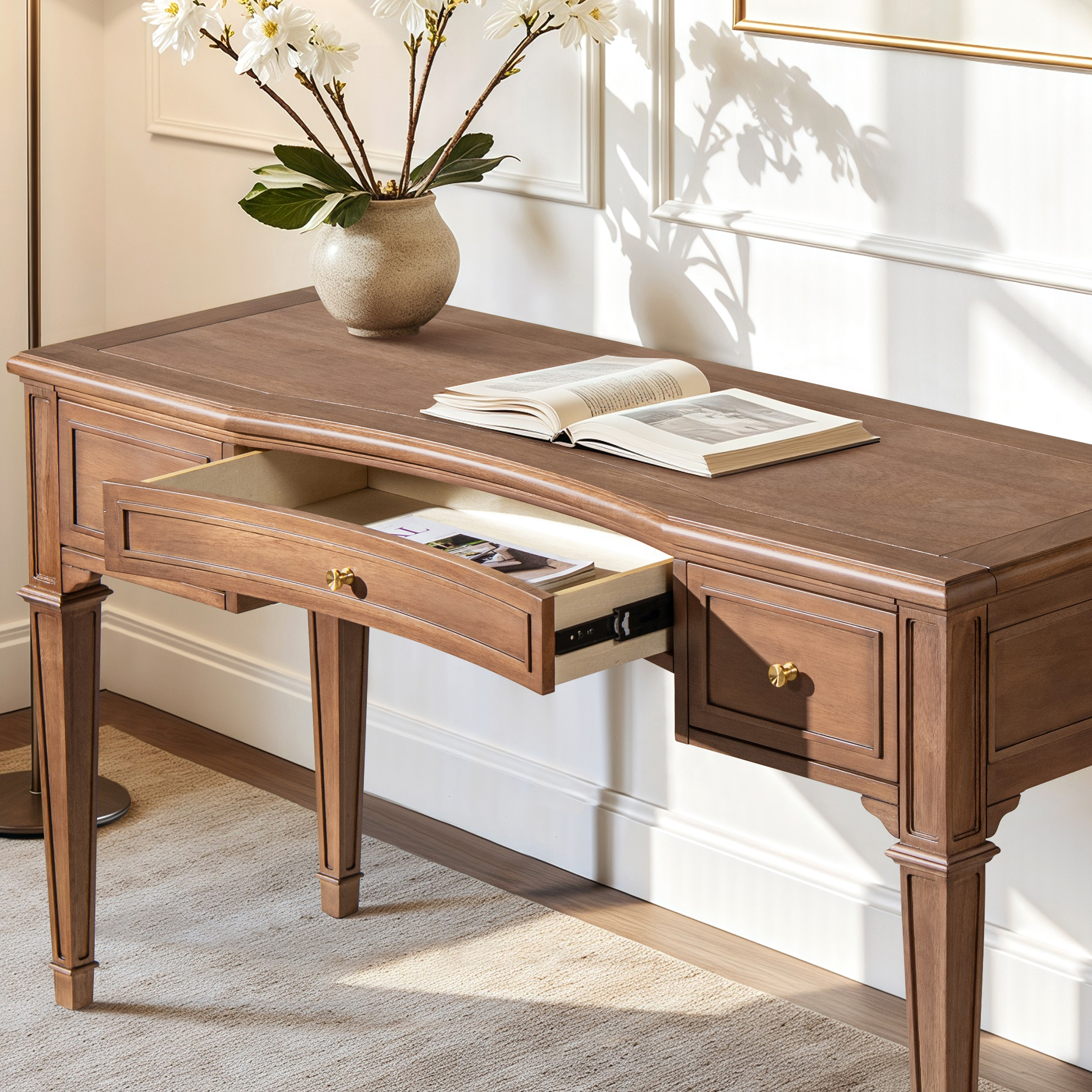 Dauphin 3-Drawer Wood Executive Desk, Brown Rubber Wood & Veneer