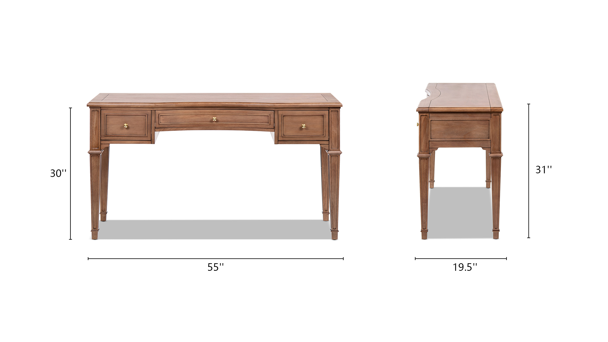 Dauphin 3-Drawer Wood Executive Desk, Brown Rubber Wood & Veneer