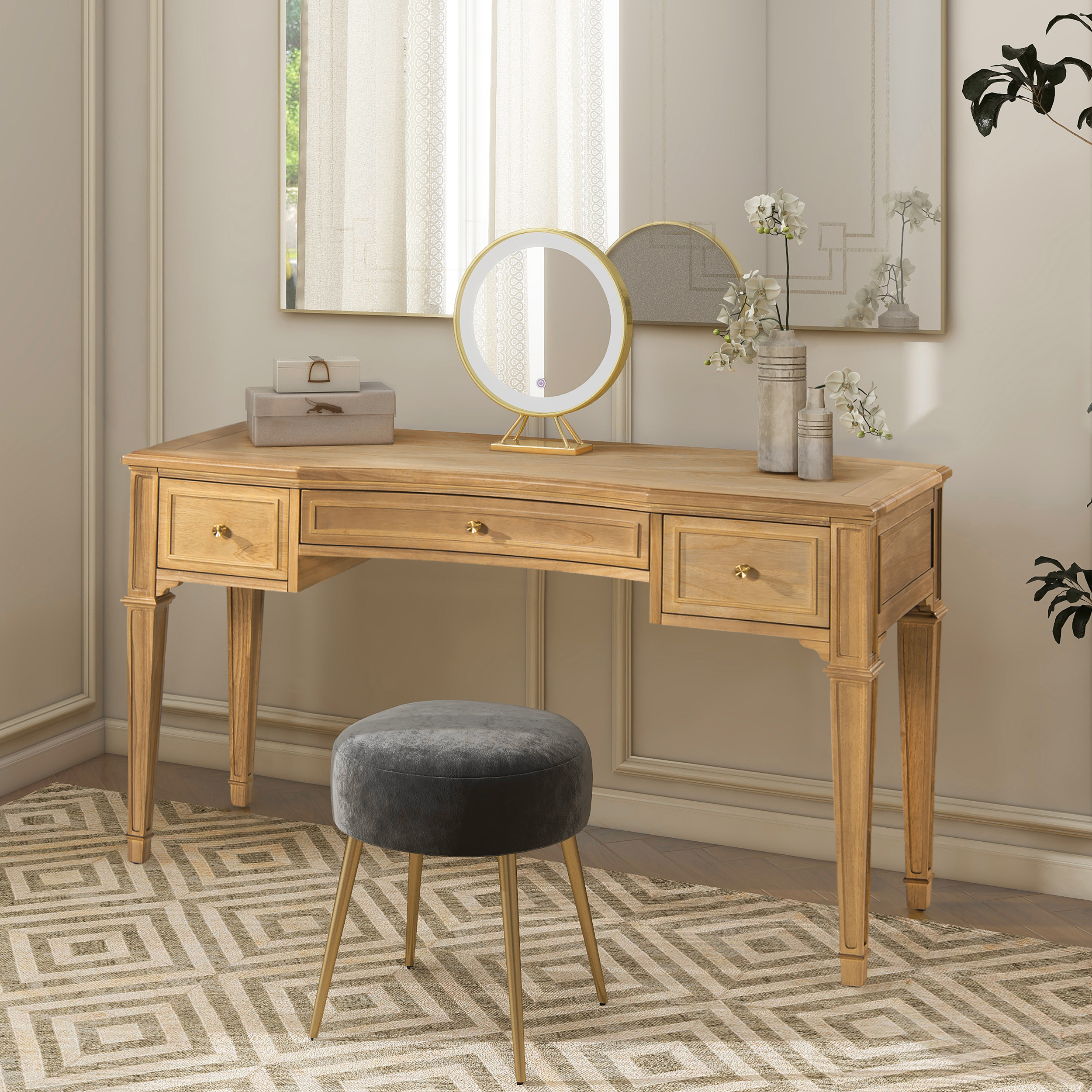 Dauphin Gold Accent 5-Drawer Wood Executive Desk, Natural Brown Wood