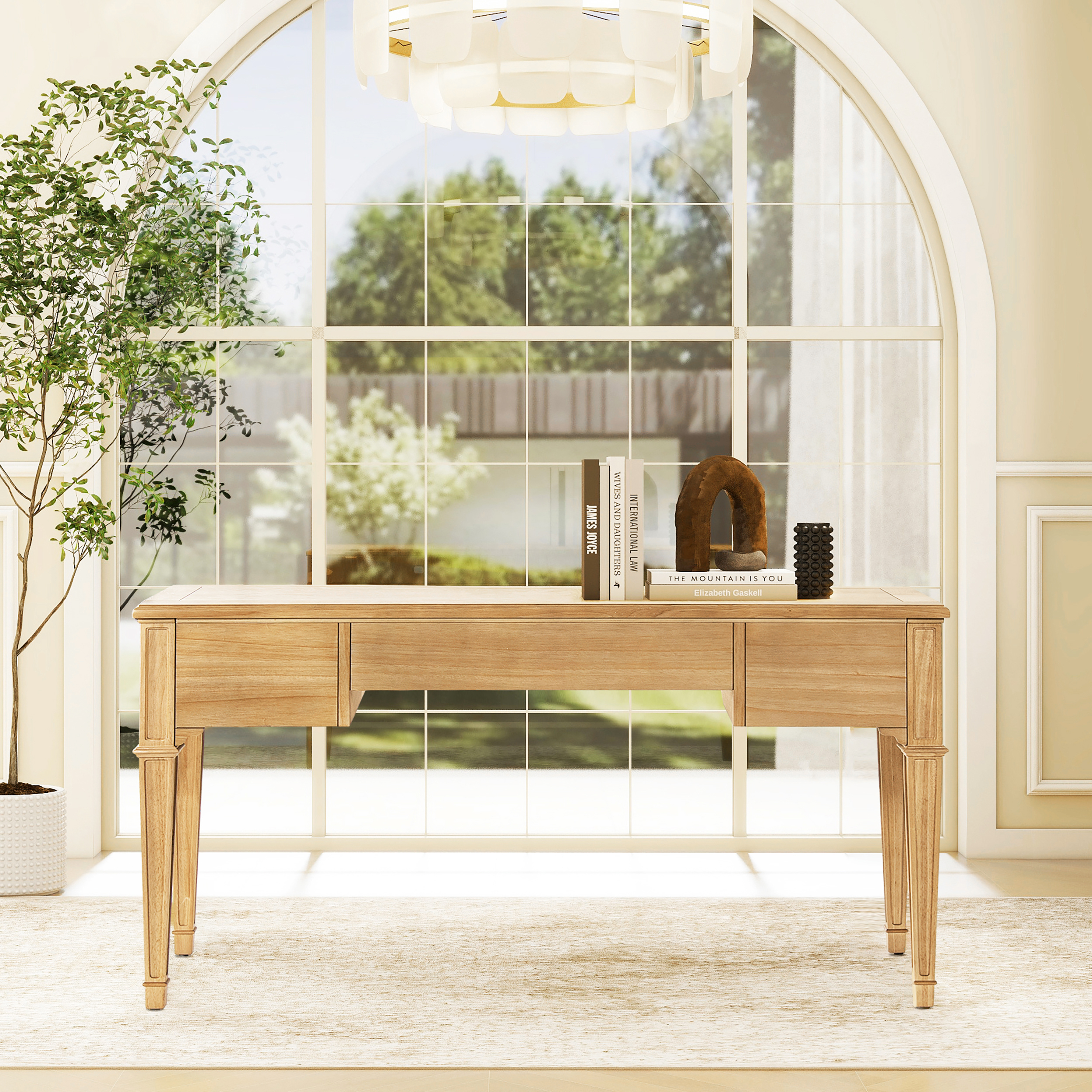 Dauphin Gold Accent 5-Drawer Wood Executive Desk, Natural Brown Wood