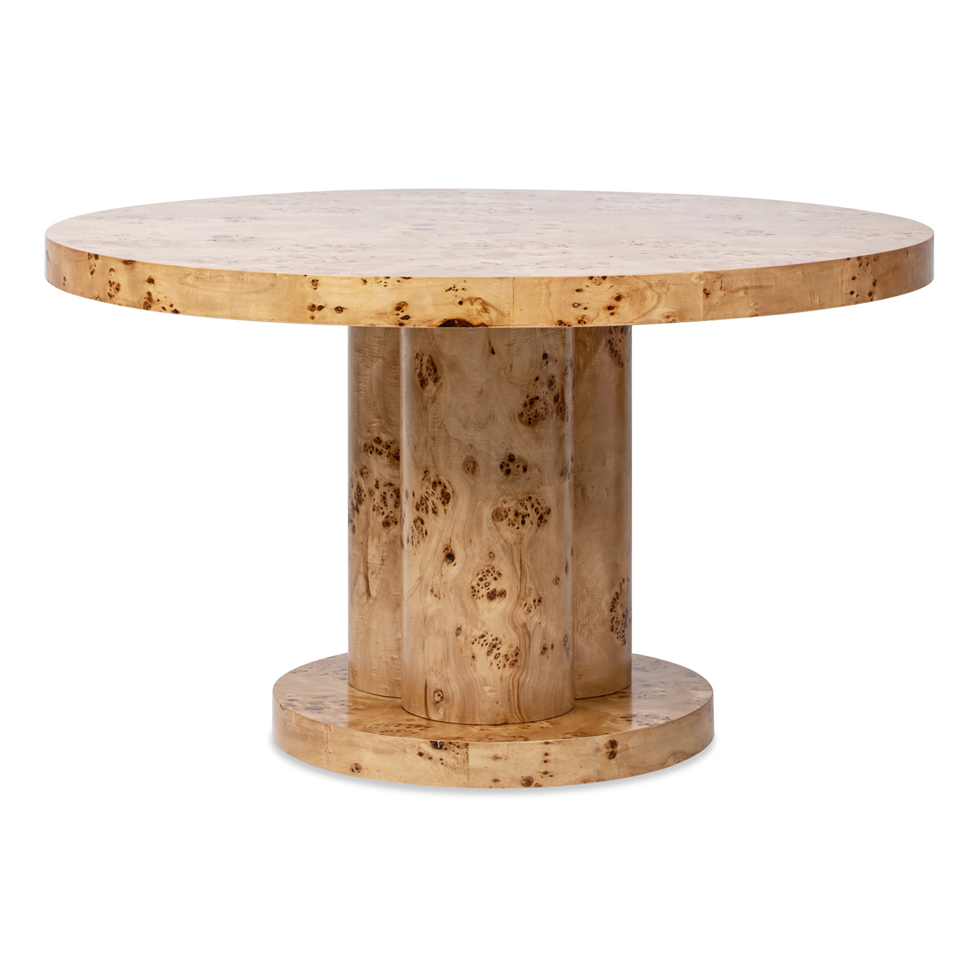 Nebula 6 Seater Round Burl Wood Pillar Dining Table, Warm Natural Brown