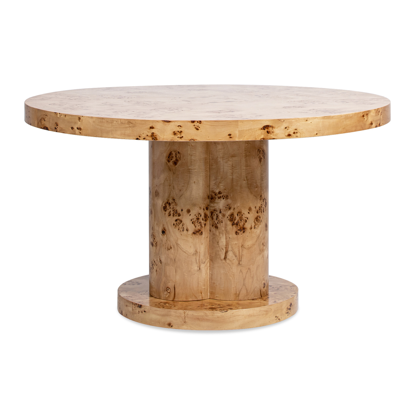 Nebula 6 Seater Round Burl Wood Pillar Dining Table, Warm Natural Brown
