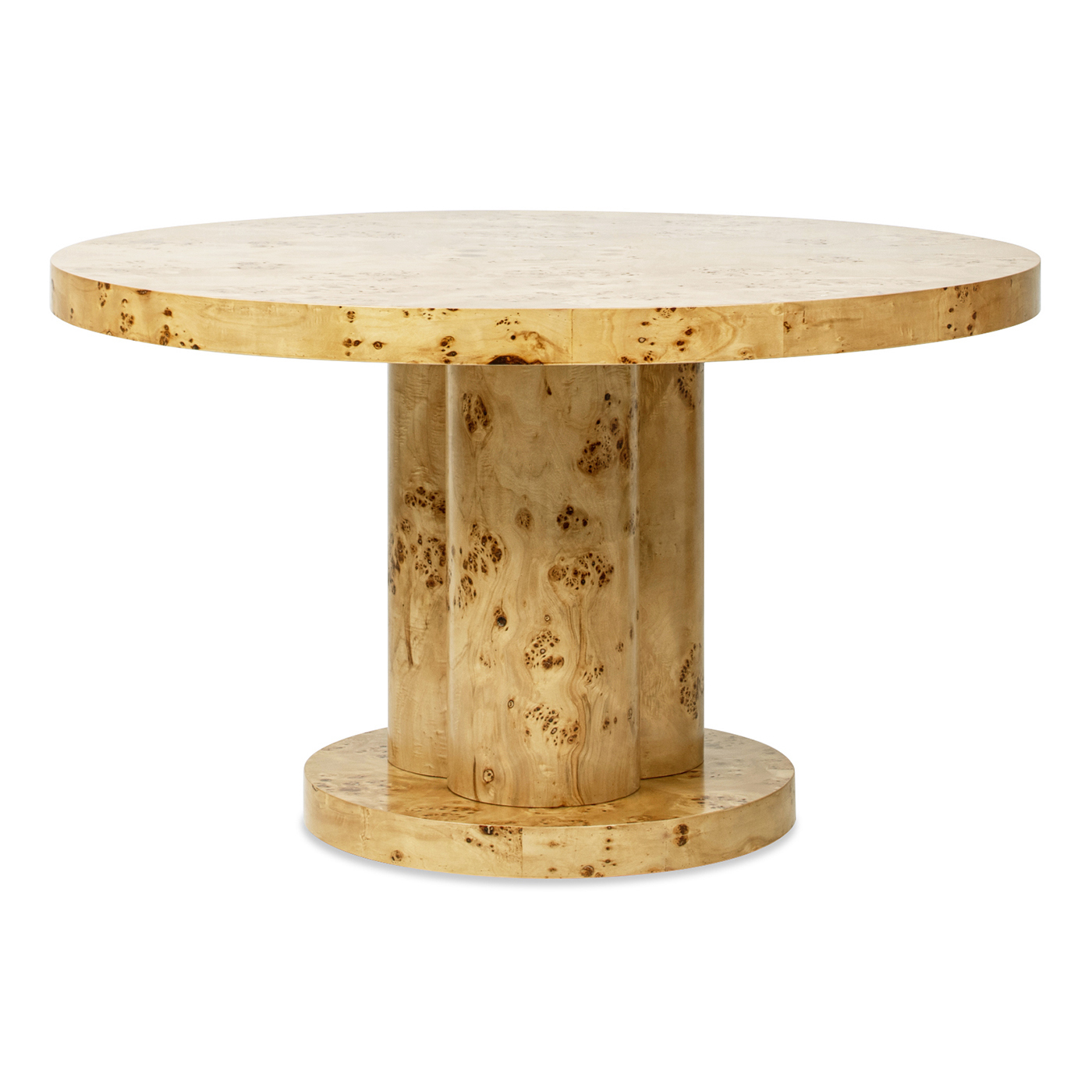 Nebula 6 Seater Round Burl Wood Pillar Dining Table, Warm Natural Brown