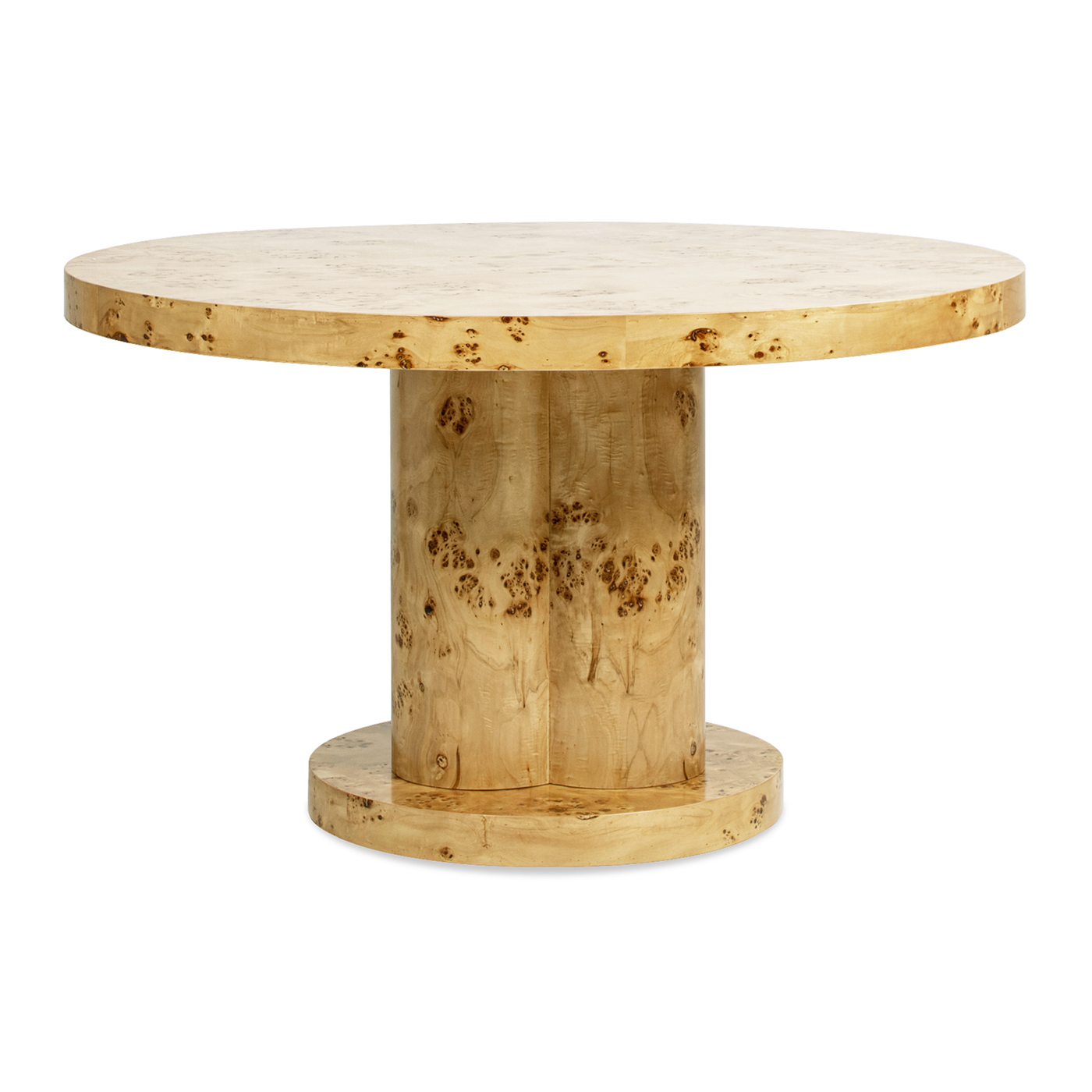 Nebula 6 Seater Round Burl Wood Pillar Dining Table, Warm Natural Brown